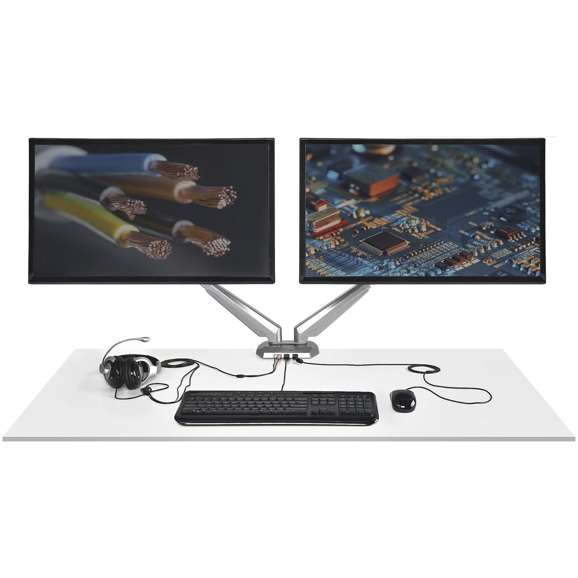 StarTech.com Monitorarm, Dual, Tischklemme, integrierter 2-Port-USB-Hub, 3,5-mm-Audioanschluss