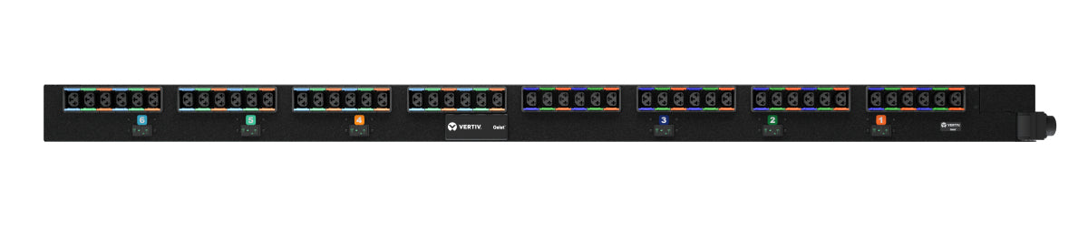 Vertiv U1079 PDU 22 kVA – 48× AC-Ausgänge, 230/400 V, 32 A, 0U, senkrecht – schwarz