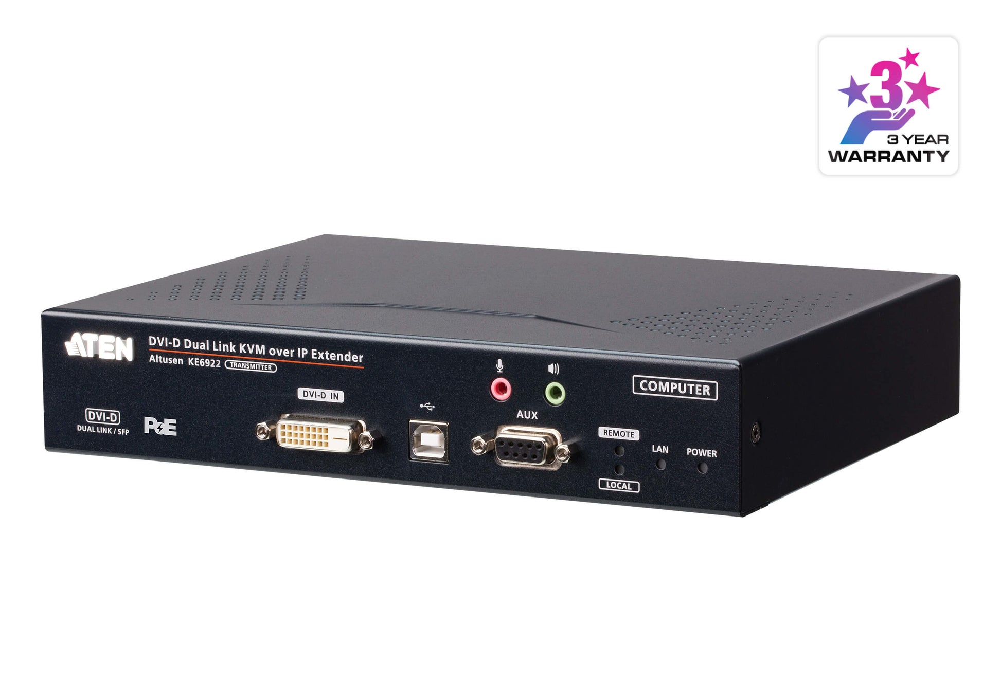 ATEN KE6922T – KVM Sender (TX) über IP/Glasfaser, DVI-D Dual-Link, 2560×2048@50 Hz, 10 km, PoE, Dual-SFP