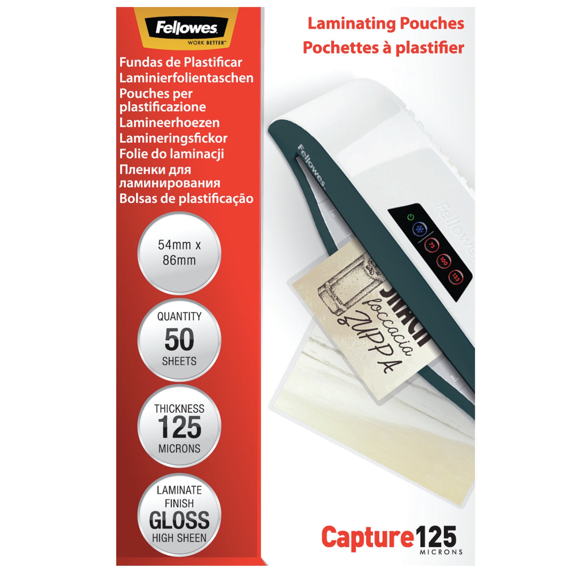 Fellowes Laminierfolien 54 × 86 mm – 125 µm, glänzend, 50 Stück