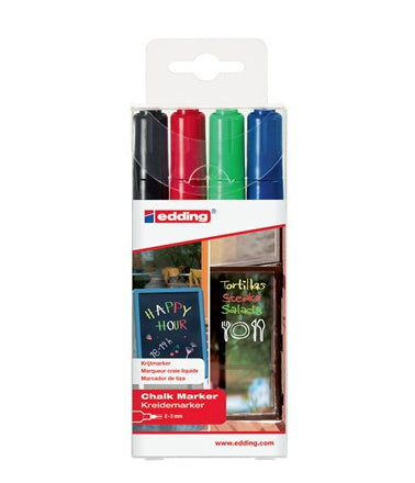 Edding 4095 Kreidemarker – Rund 2–3 mm – 4er-Set, Schwarz/Blau/Grün/Rot, für Glas