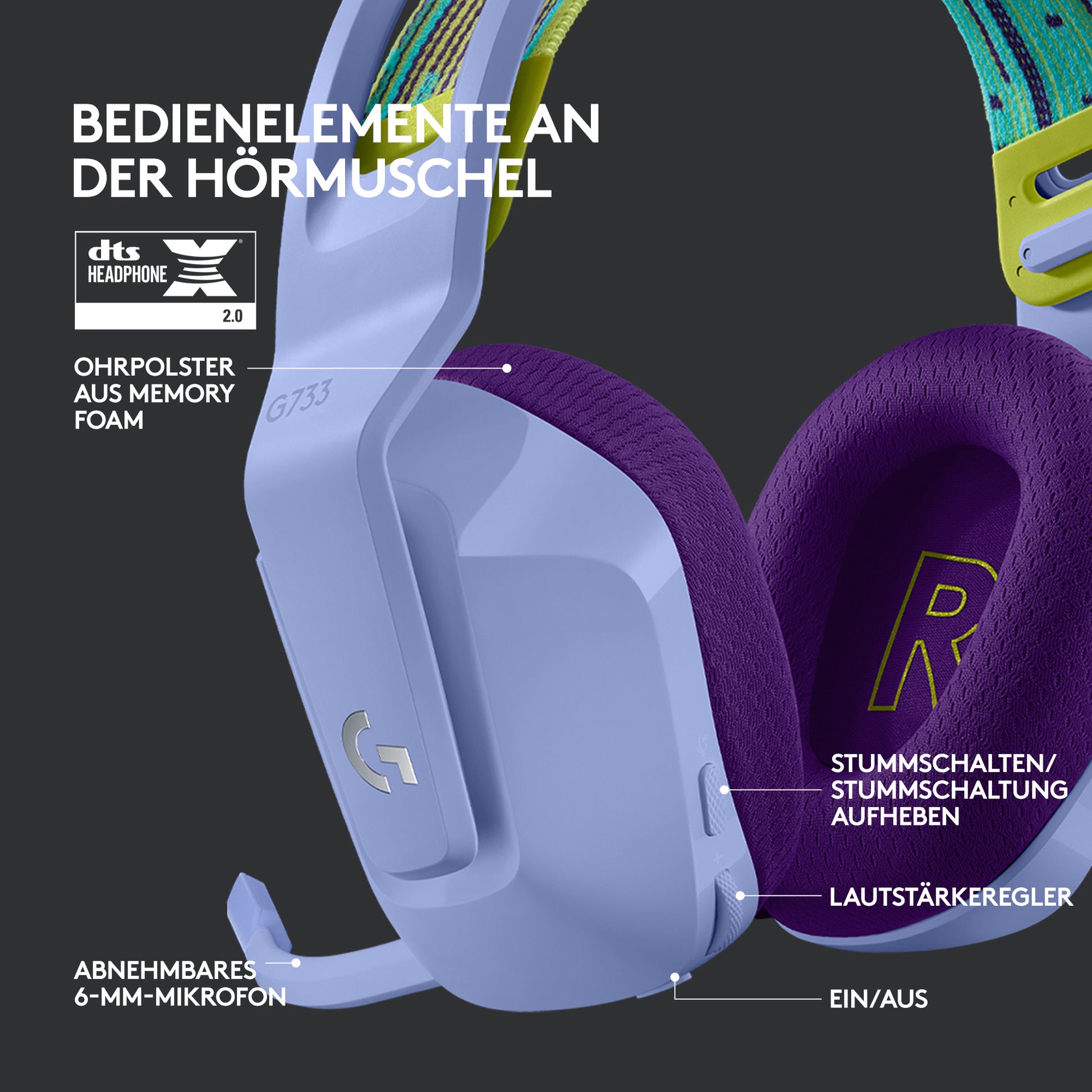 Logitech G G733 LIGHTSPEED Gaming-Headset – Over-Ear, Kabellos, mit USB-A-Dongle, Violett