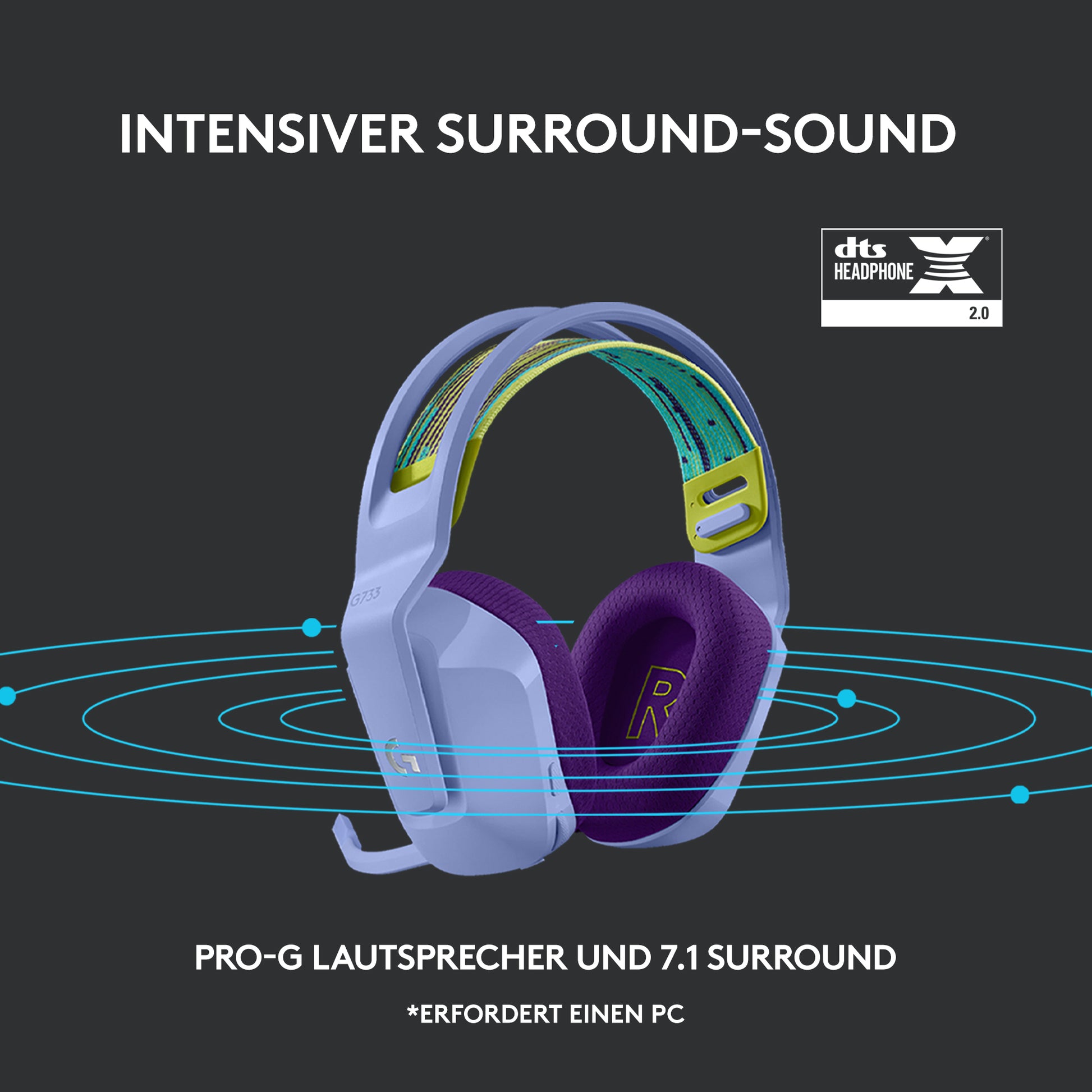 Logitech G G733 LIGHTSPEED Gaming-Headset – Over-Ear, Kabellos, mit USB-A-Dongle, Violett