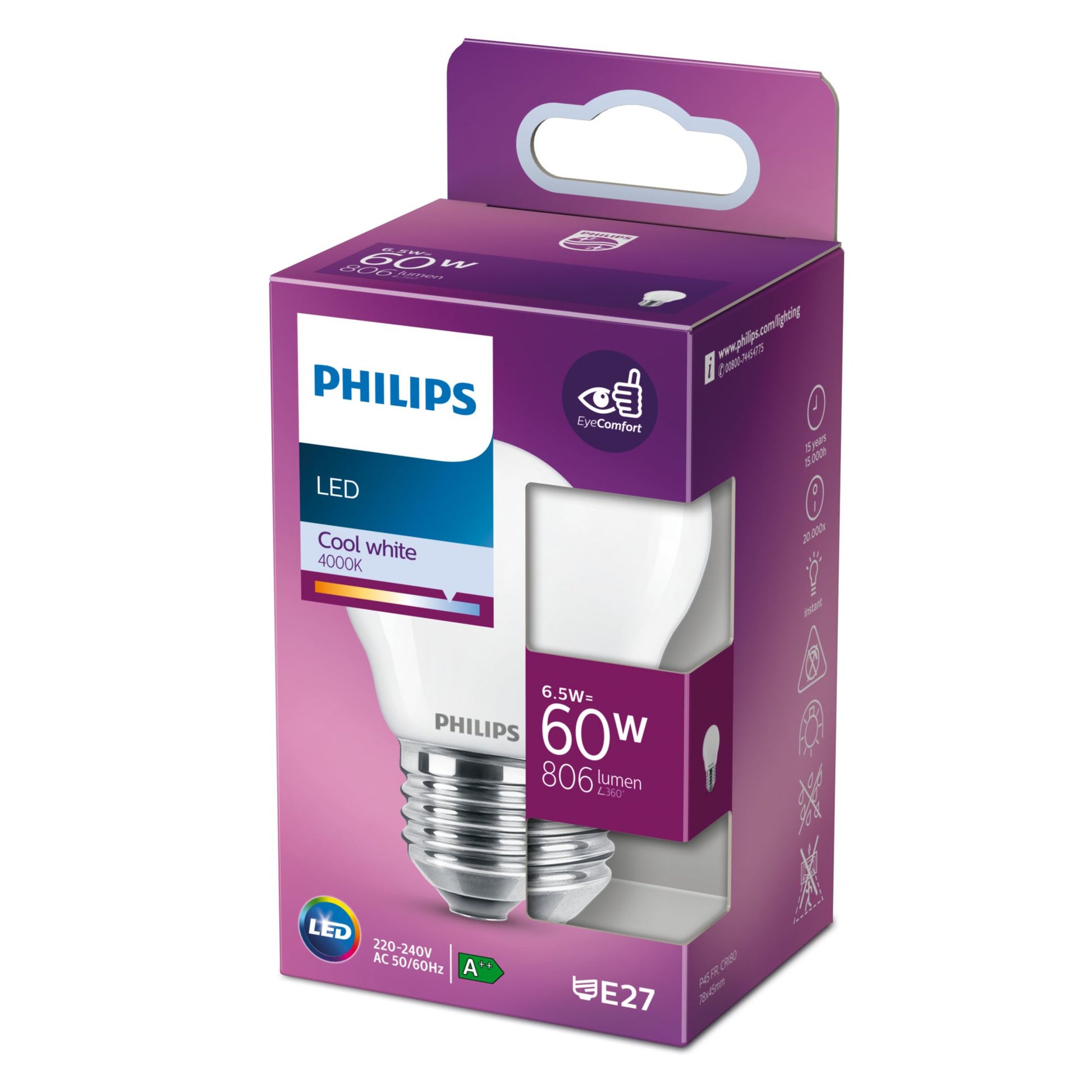 Philips by Signify Philips LED-Leuchtmittel E27 P45 – Neutralweiss 4000 K, 806 lm, 6,5 W – IP20 – 1 Stk. – Weiss, Glas