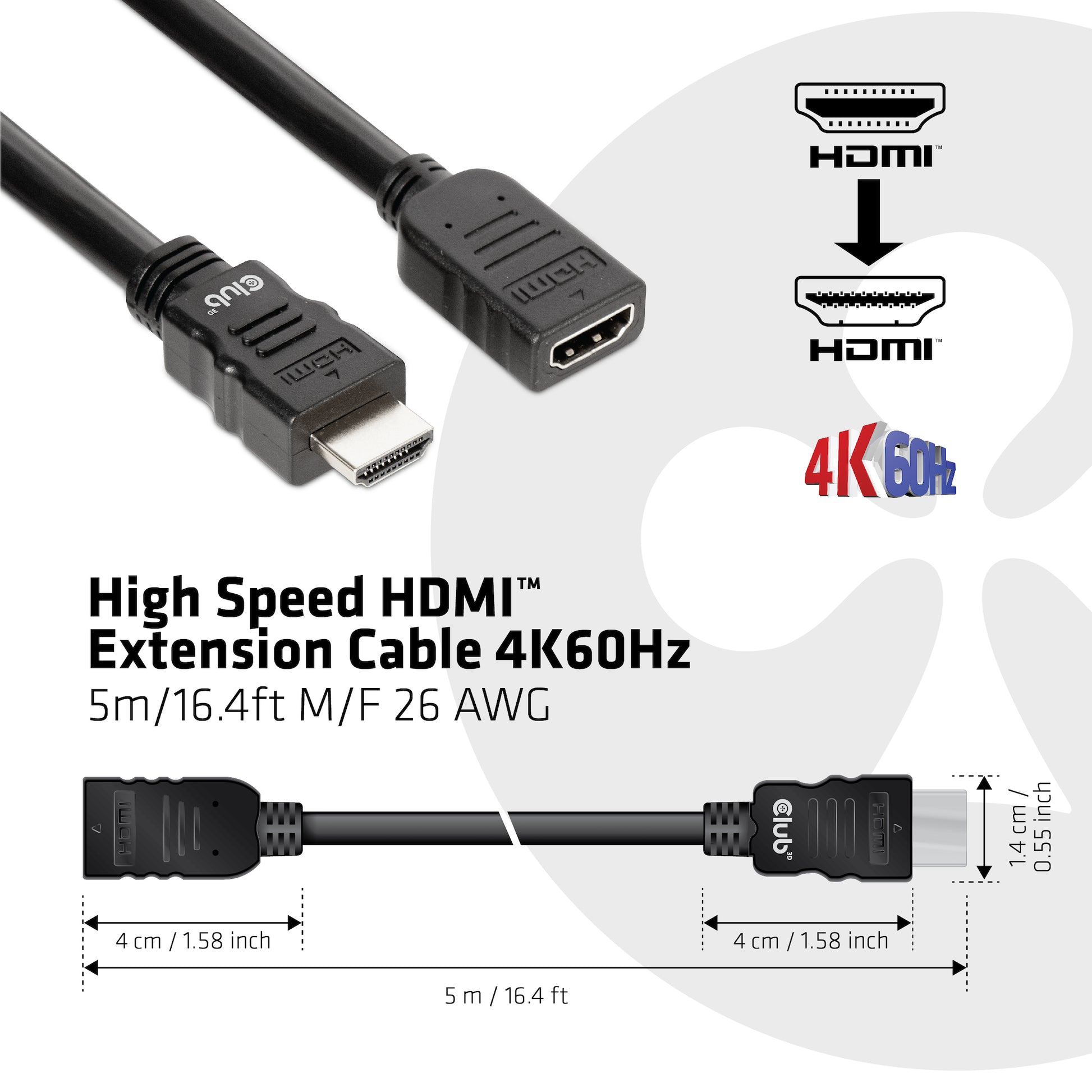 CLUB3D Club 3D HDMI Verlängerungskabel HDMI 2.0 – 4K 60 Hz – 5 m – HDR