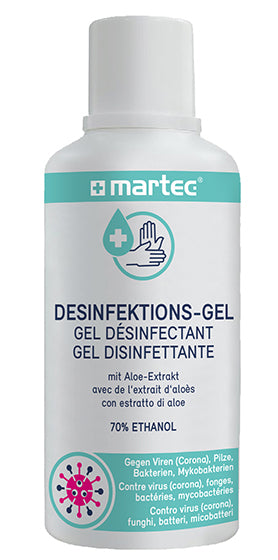 MARTEC Händedesinfektionsgel – Kunststoff, weiss, 70 × 190 × 70 mm (B×H×T), 500 ml, hautverträglich