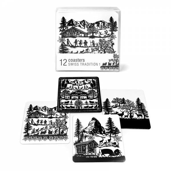 Trendform Untersetzer Swiss Tradition – 12er Set, 9,0 × 9,0 × 0,2 cm, Karton, Schwarz/Weiss, für Gläser