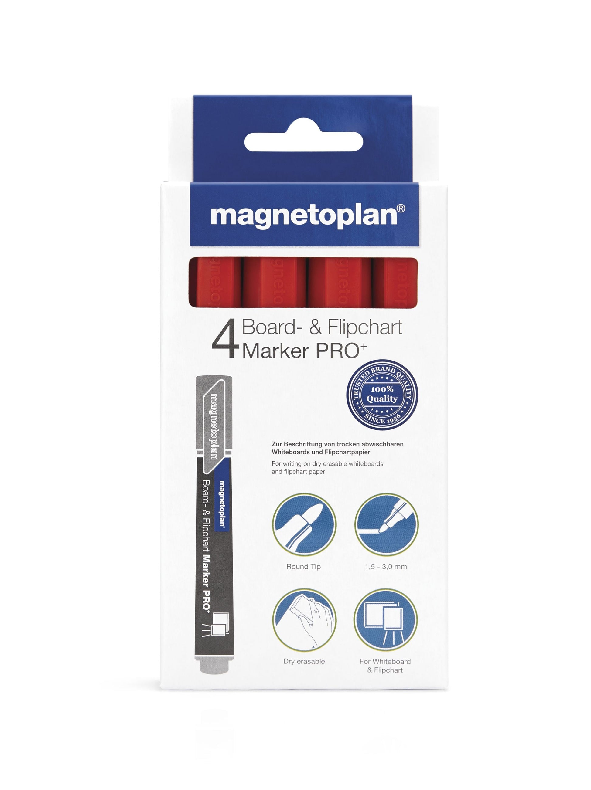 Magnetoplan Flipchart-Marker – Rundspitze 1,5–3 mm, Rot, 4 Stk., feucht abwischbar – für Flipcharts/Papier