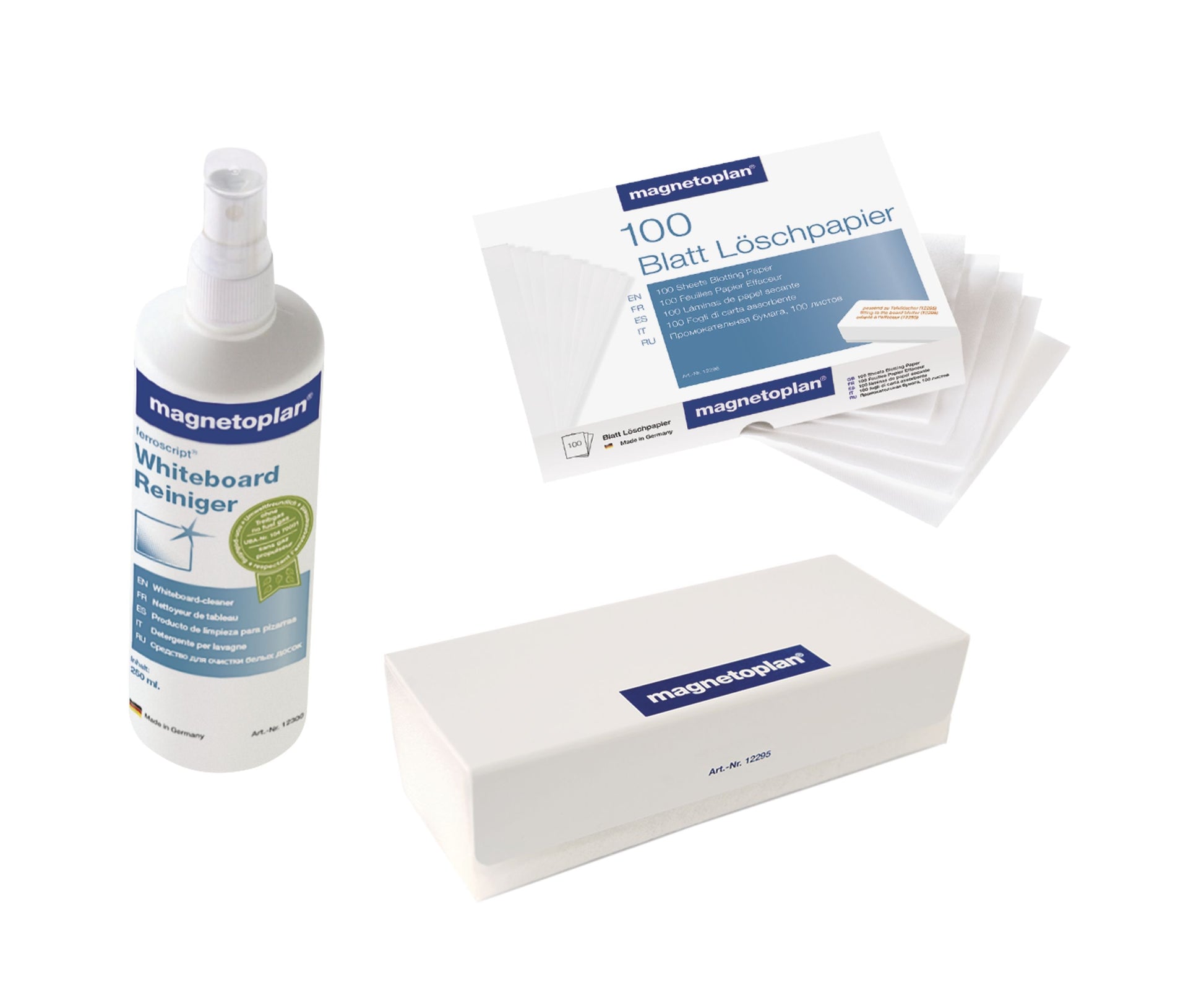 Magnetoplan Reinigungs-Set – Löscher (magnetisch), 100 Blatt Löschpapier, Pumpspraydose zur Tafelreinigung