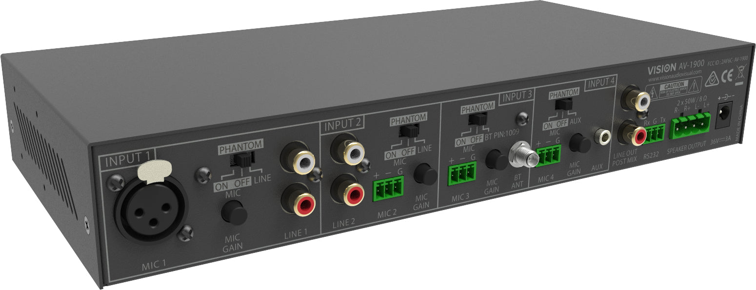 Vision AV-1900 – Stereo-Vollverstärker, 2×50 W (8 Ω), 3,5 mm/XLR/RCA, Schwarz