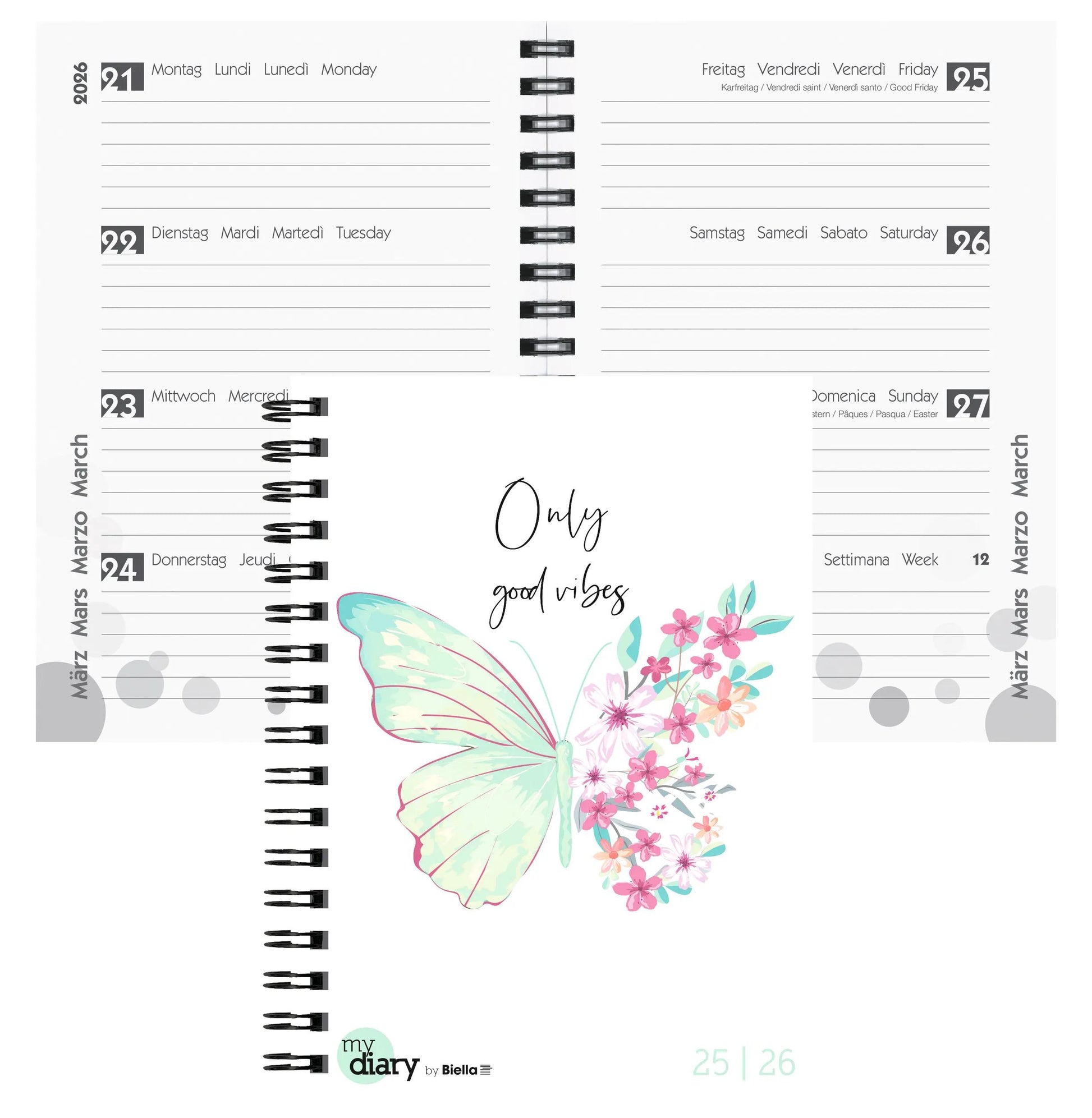 Biella mydiary Schüleragenda – 1 Woche/2 Seiten, Spiralbindung, 12 × 16,5 cm, Aug–Jul, Style, FSC