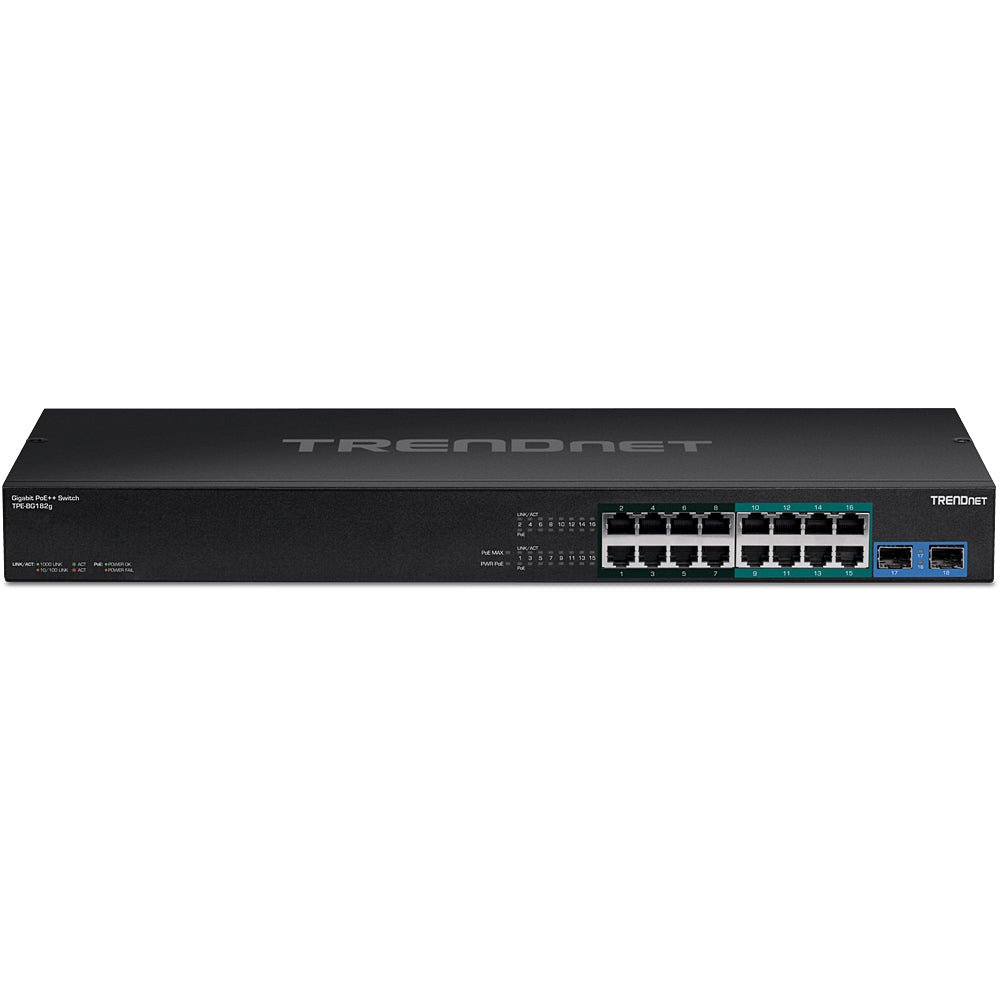 Trendnet TPE-BG182G – Unmanaged Switch – 16× 1G, 2× SFP, PoE++/PoE+, PoE-Budget 470 W, 19", 1U