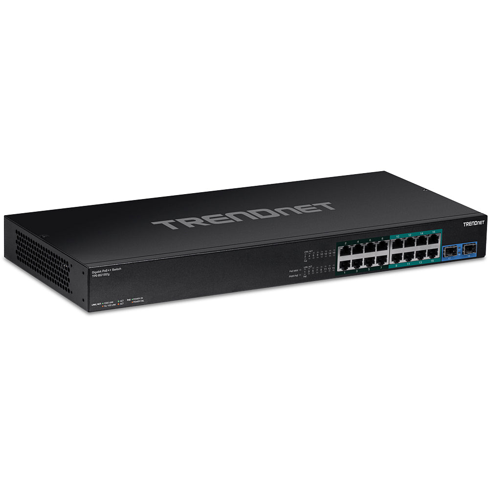Trendnet TPE-BG182G – Unmanaged Switch – 16× 1G, 2× SFP, PoE++/PoE+, PoE-Budget 470 W, 19", 1U