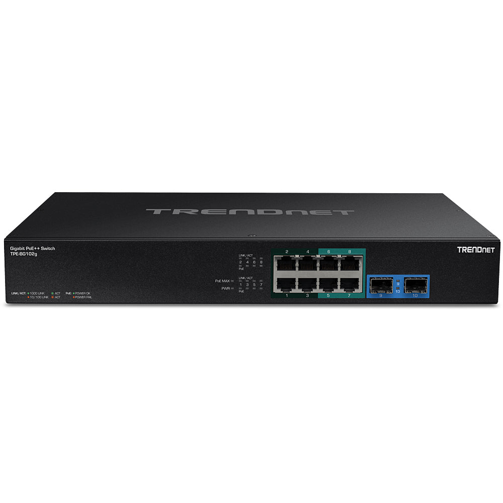 Trendnet TPE-BG102G – Unmanaged Switch – 8× 1G, 2× SFP, PoE++, PoE-Budget 240 W, 19", 1U