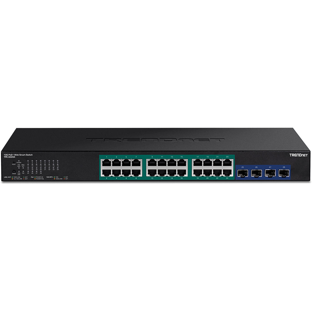 TRENDnet TPE-30284 – Managed Switch – 24×GbE, 4×SFP+, L2+/L3, PoE+ 370 W, 1U