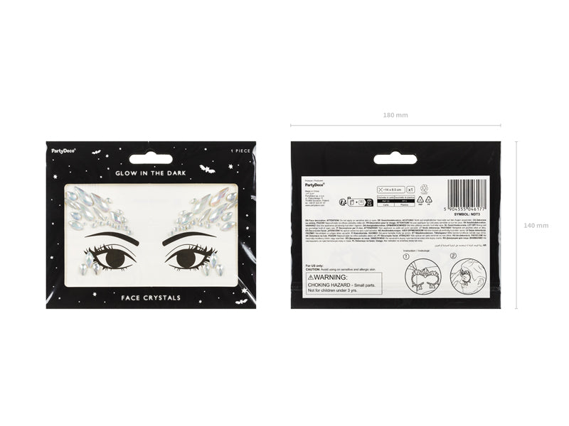 PartyDeco Face Art Sticker Kristalle – selbstklebend, leuchten im Dunkeln – 14 × 8,5 cm – 1 Paar, silber – Acr
