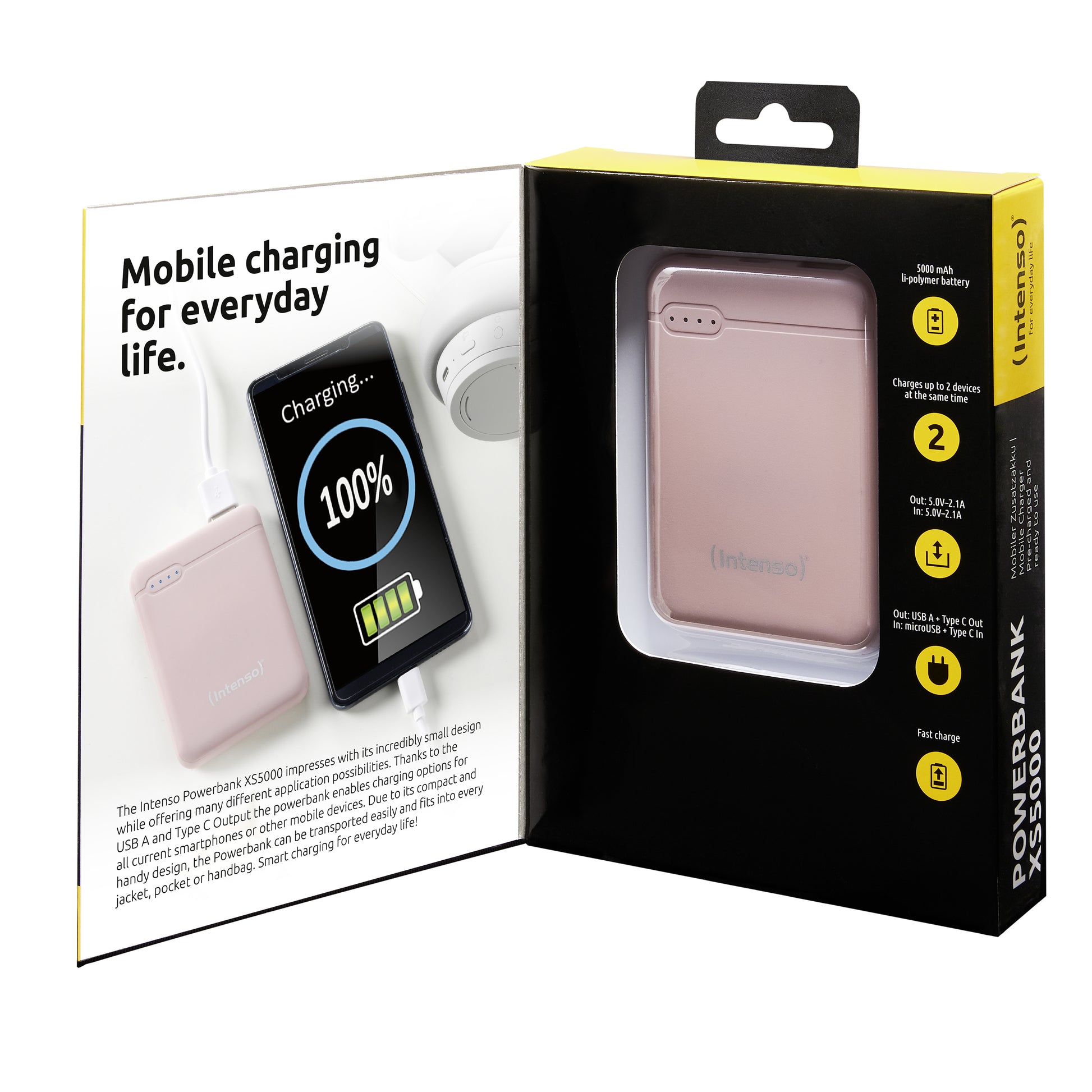 Intenso XS5000 Powerbank 5'000 mAh – 1× USB-C, 1× USB-A, rosa