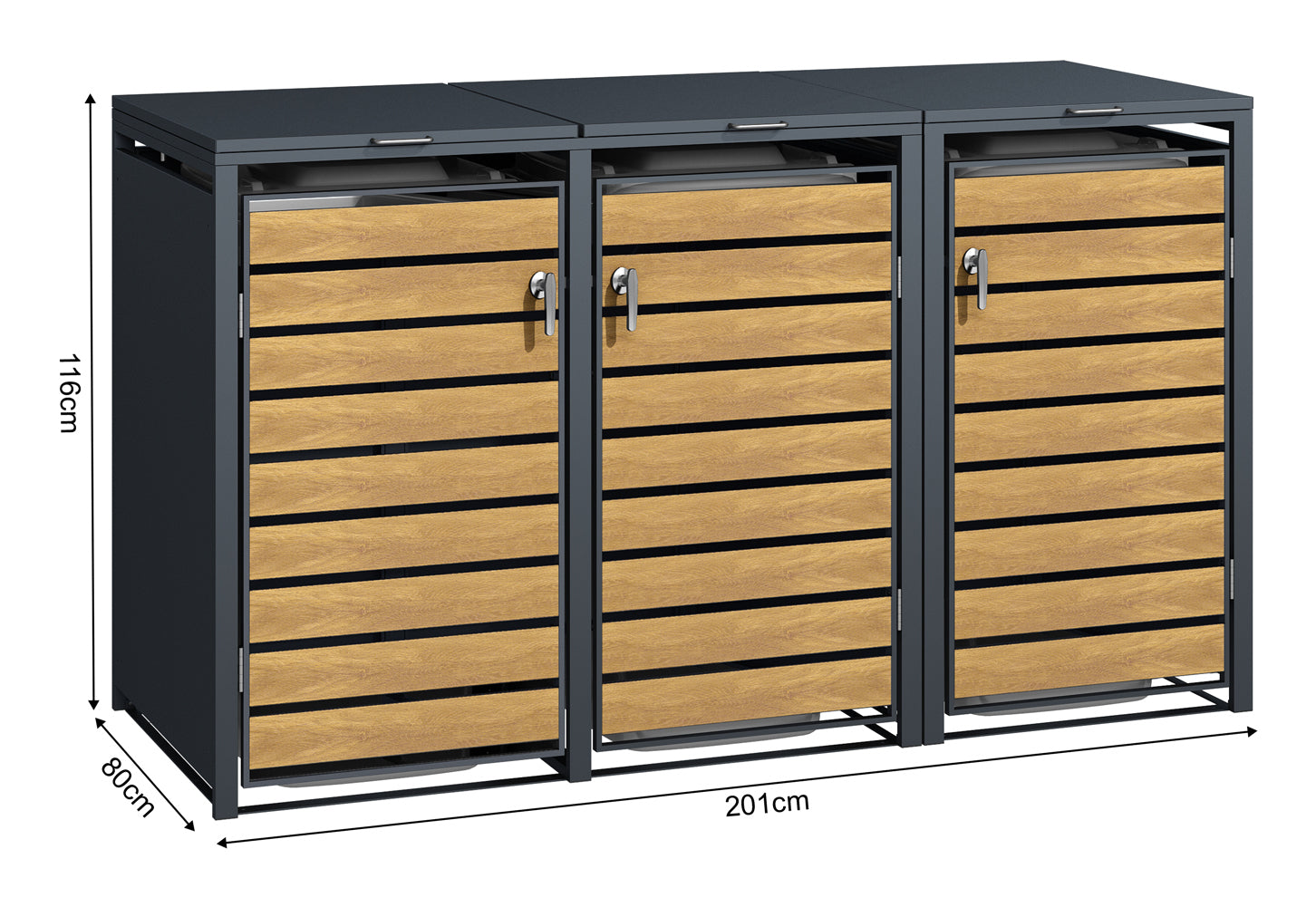 Phoenix Safe Co. Müllcontainer – Stahl, rechteckig – Anthrazit/Eiche – 3-türig, Soft-Close – 200 × 80 × 116 cm