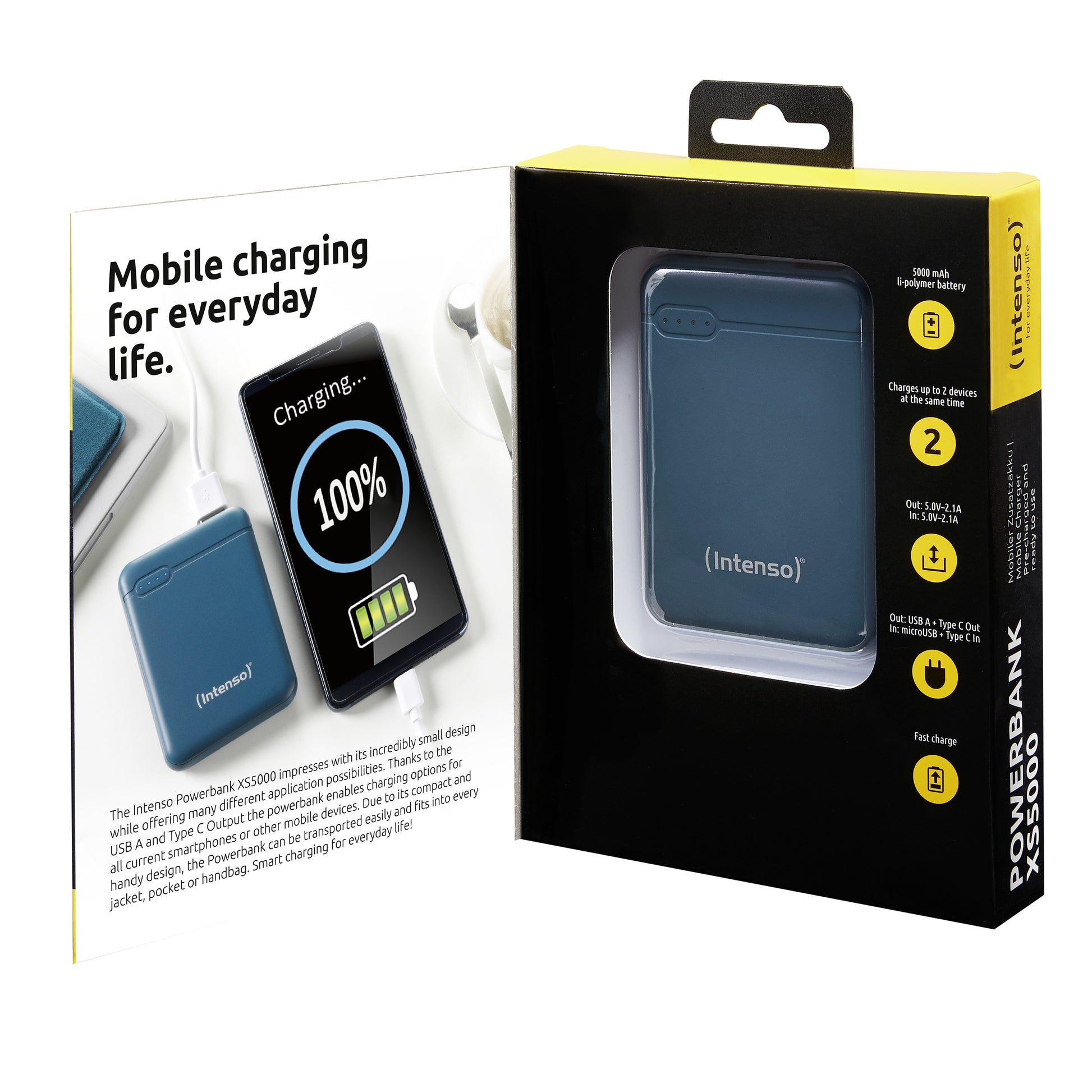 Intenso XS5000 Powerbank 5'000 mAh – 1× USB-C, 1× USB-A, petrol