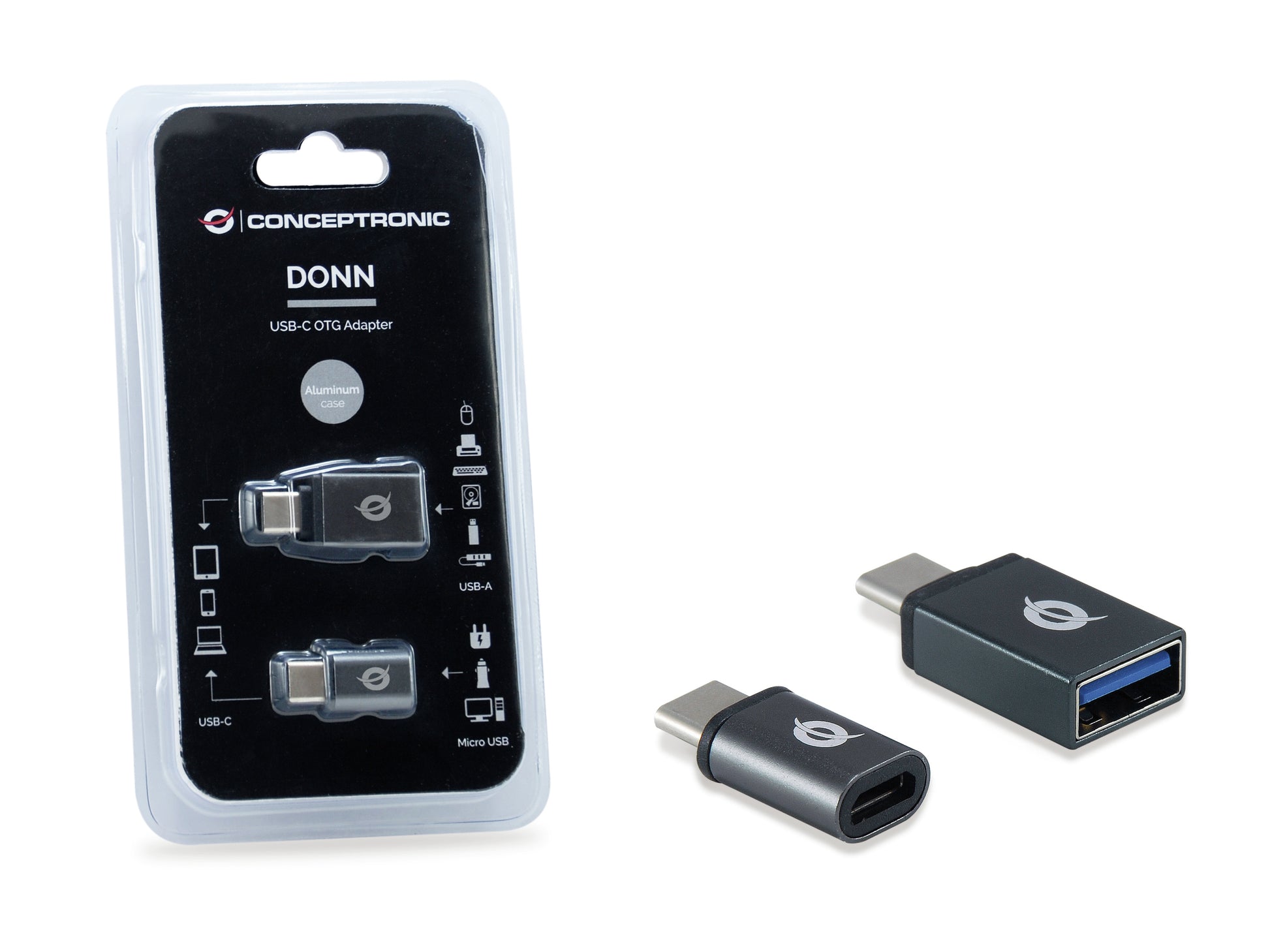 Conceptronic DONN04G OTG-Adapter USB-C zu USB-A/Micro-USB – USB 3.2 Gen 1 / USB 2.0, 2er-Pack, Schwarz