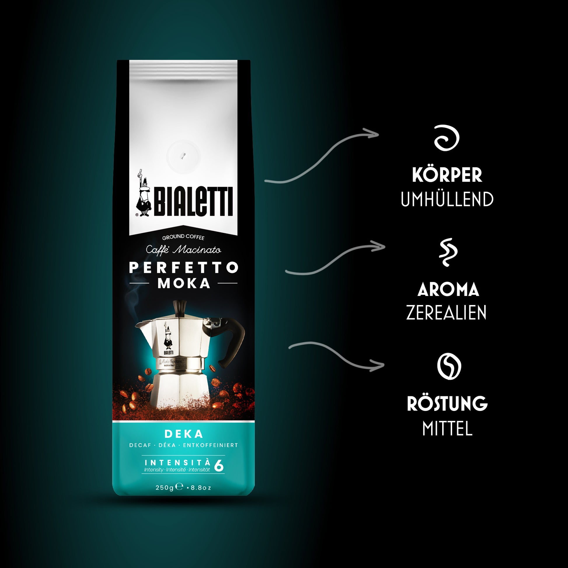 Bialetti Kaffeebohnen – Café Crème, entkoffeiniert, Arabica/Robusta, Intensität 6, 250 g
