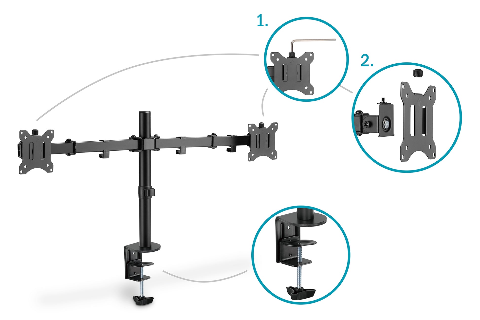 Digitus UNIVER – Tischhalterung, 2 Monitore, Tischklemme, bis 32", 8 kg, Schwarz