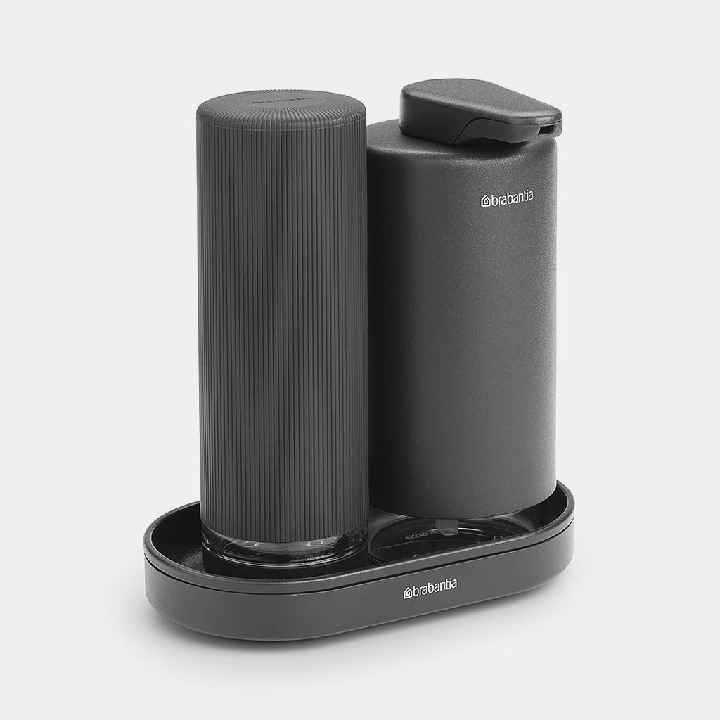 Brabantia Seifenspender, manuell, zum Aufstellen, Metall, grau, B 141 × H 157 × T 93 mm, 2er-Pack, je 200 ml