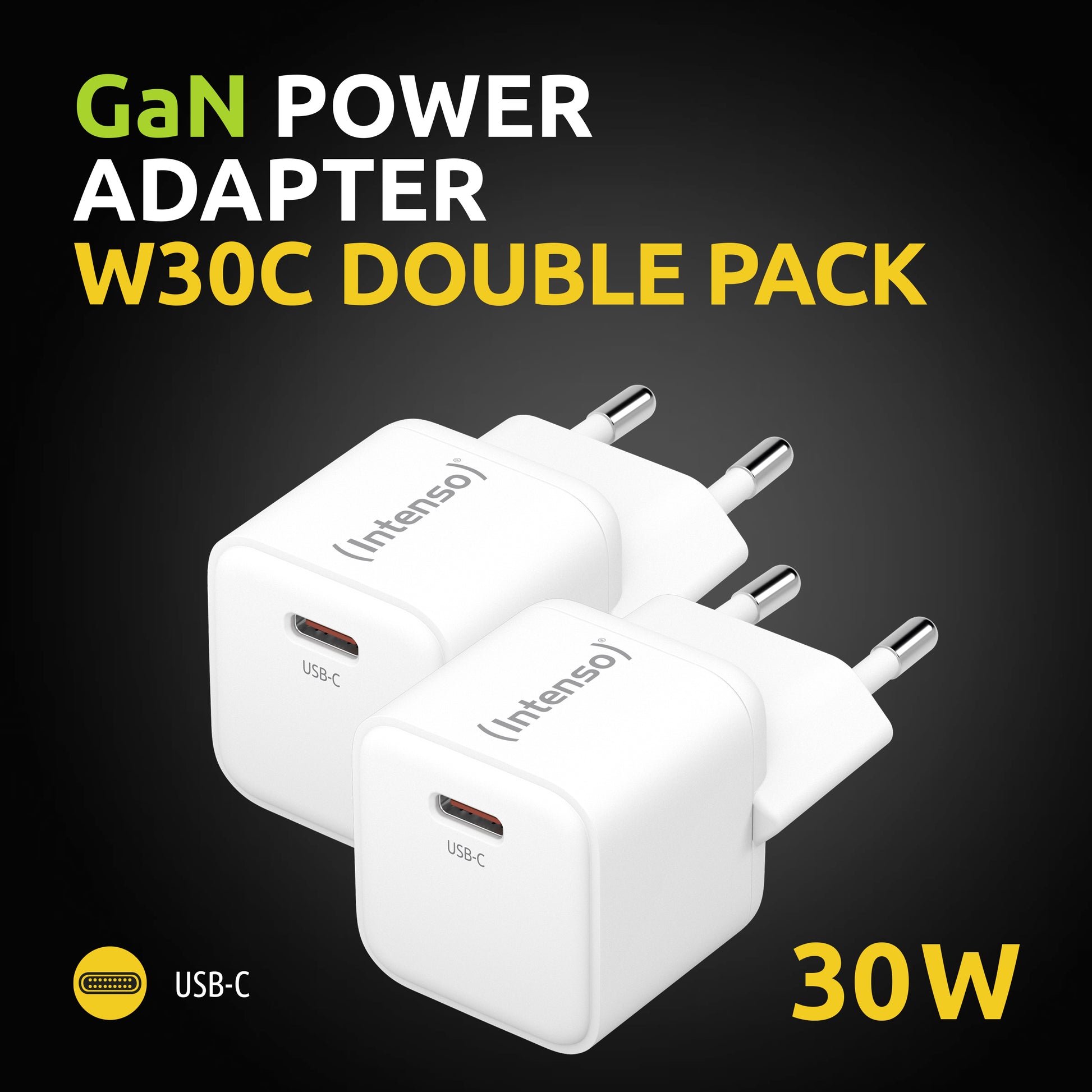 Intenso W30C USB-Ladegerät 30 W – USB-C×1 – PD, GaN – EU-Stecker (Typ C) – Weiss – Doppelpack