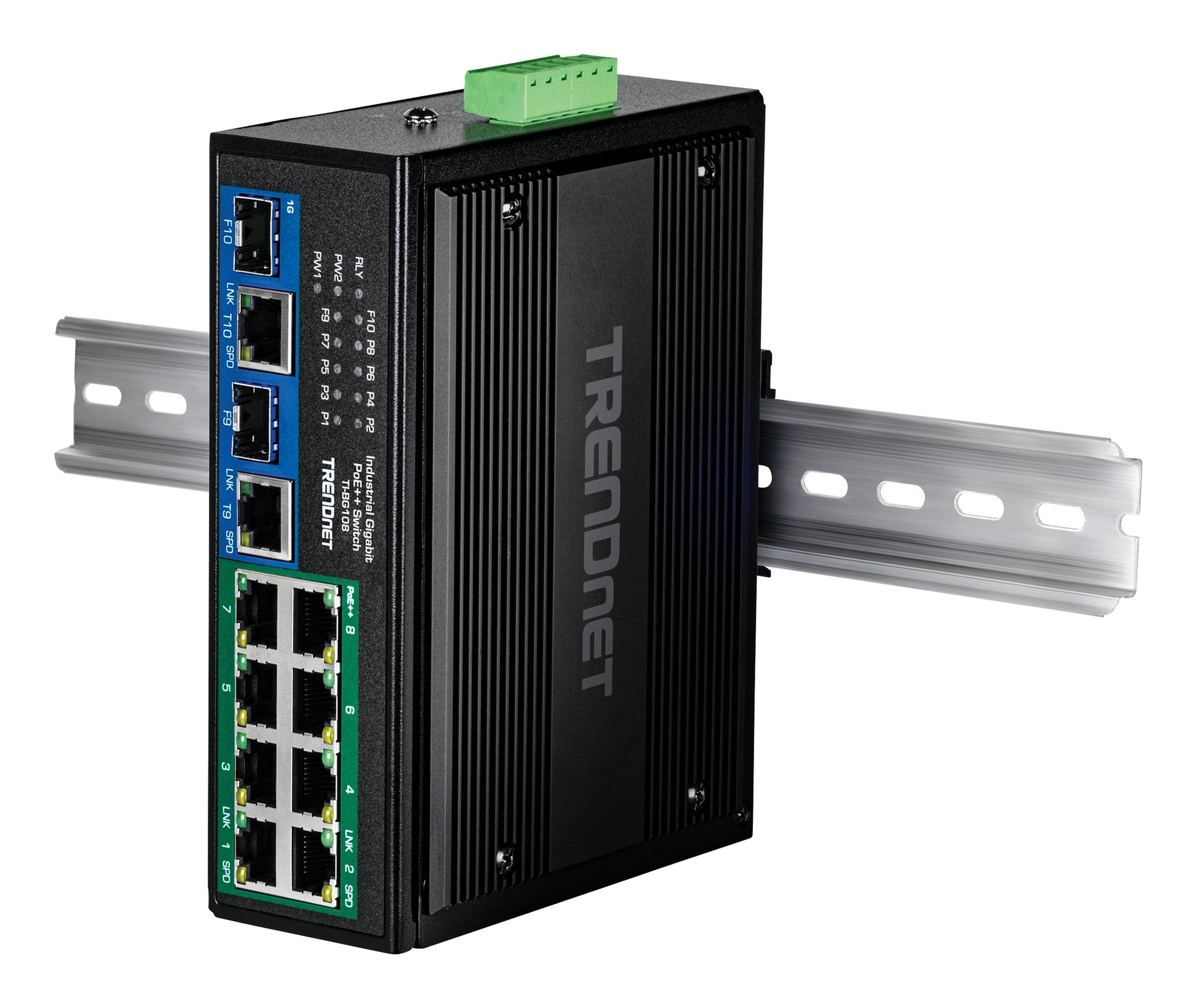 TRENDnet TI-BG108 – Switch – 8× 1G + 2× 1G (RJ‑45/SFP), PoE++, PoE-Budget 400 W, DIN-Schiene