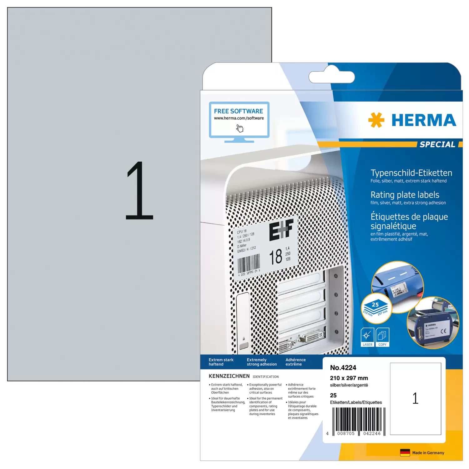 HERMA Typenschild-Etiketten, 210 mm × 297 mm, silber, Folie, permanent, 25 Blatt