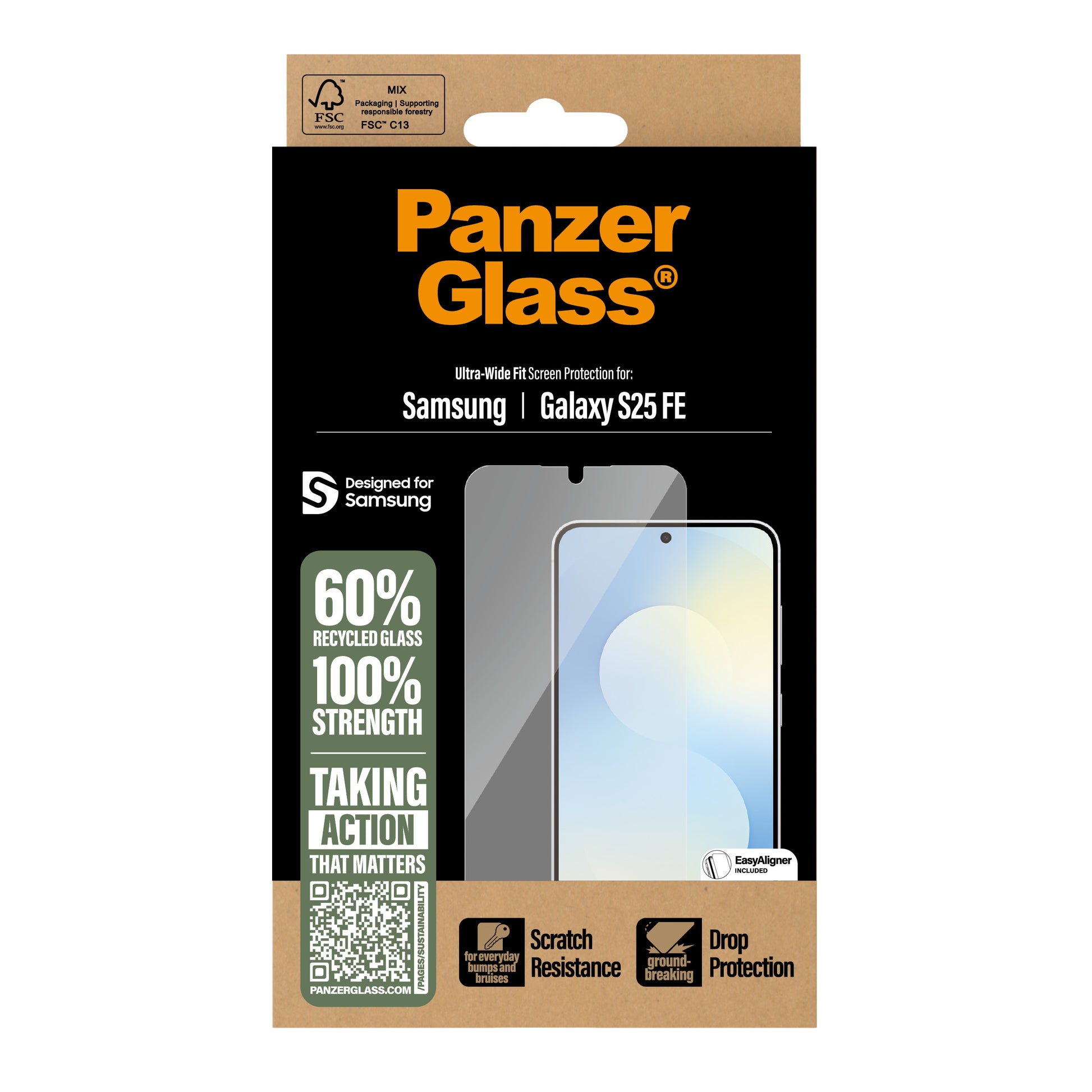 PanzerGlass Ultra Wide Fit – für Samsung Galaxy S25 FE – kratzfest, mit Easyaligner