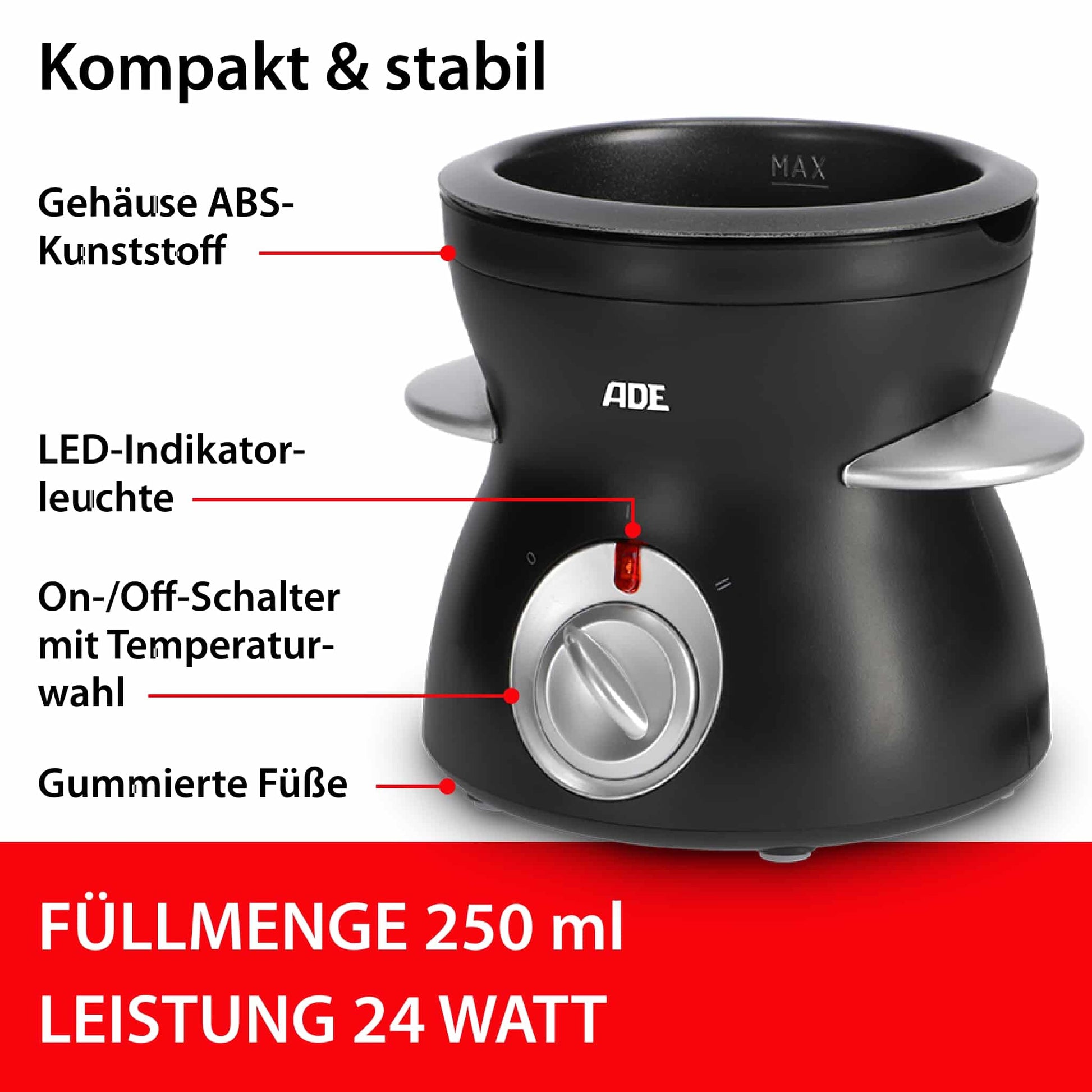 ADE Fondue-Set KG2352 – Kunststoff, 0,5 l, 6 Gabeln, netzbetrieben – schwarz/silber