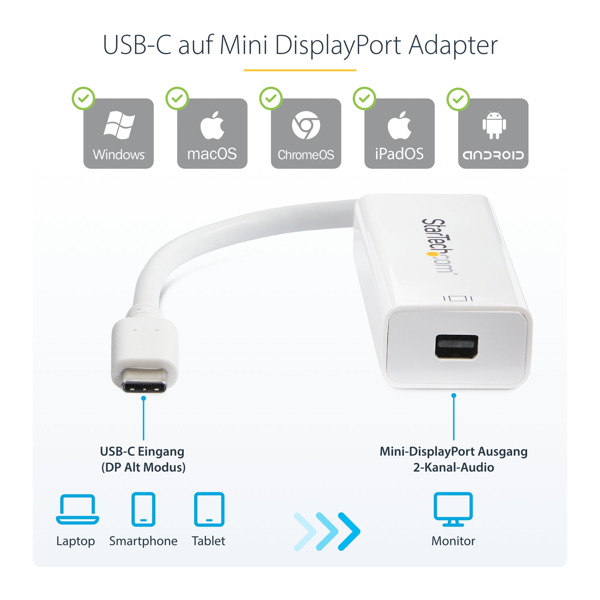 StarTech.com USB-C zu Mini DisplayPort Adapter – 4K (3840 × 2160) @ 60 Hz, DisplayPort 1.2, 1,4 cm, Weiss