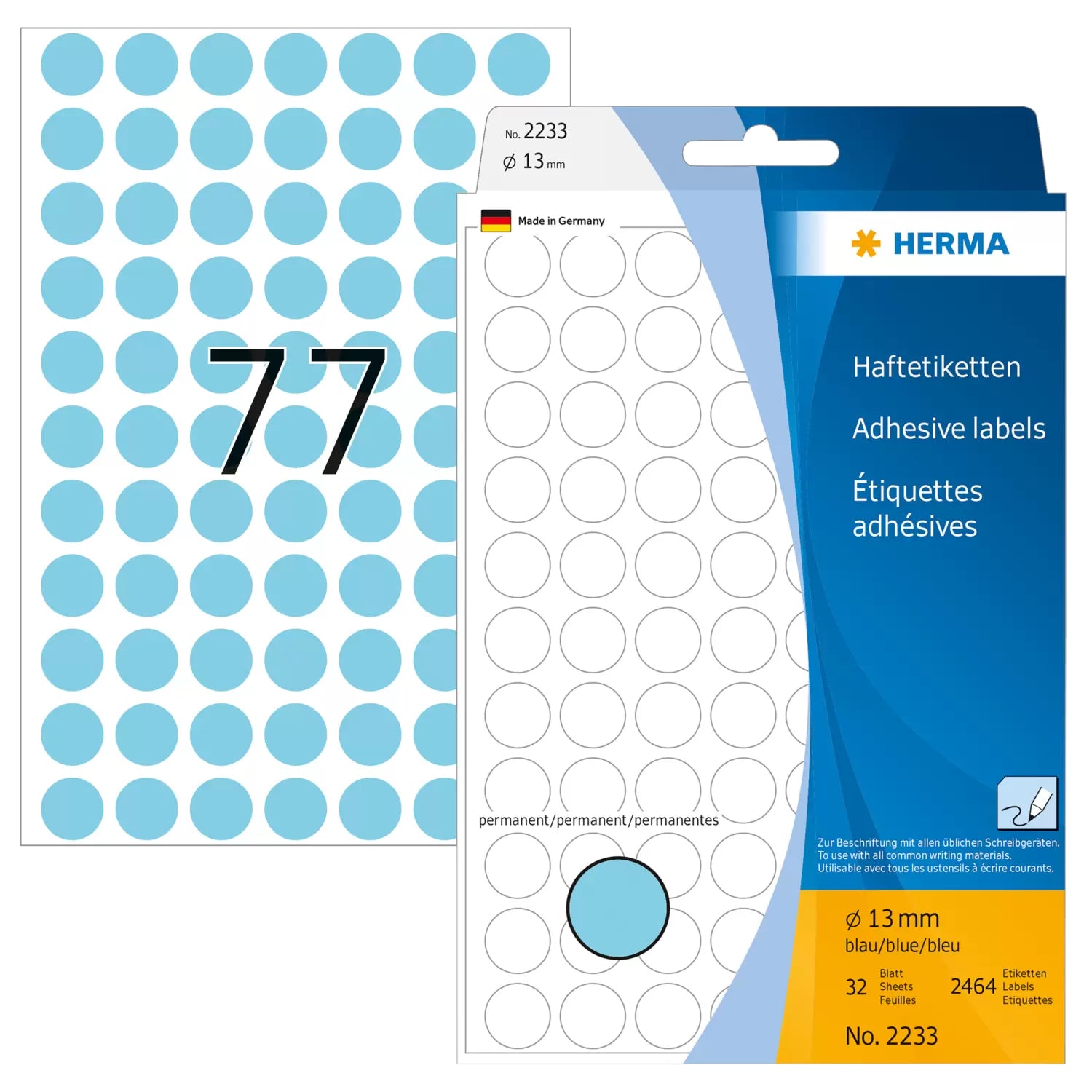 HERMA Haftetiketten – Ø 13 mm, permanent, blau, Bogen 111 × 170 mm, 32 Blätter (2'464 Stk.)