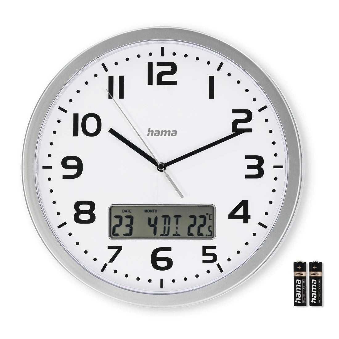 Hama Wanduhr Moorea – Funk – Ø 30 cm, Silber, Kunststoff, Thermometer, Datum