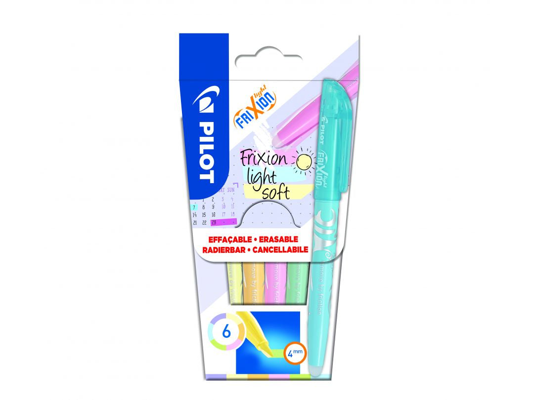 Pilot FriXion Light Textmarker Set 6 Farben Pastell – Keilspitze, 3,3 mm, radierbar