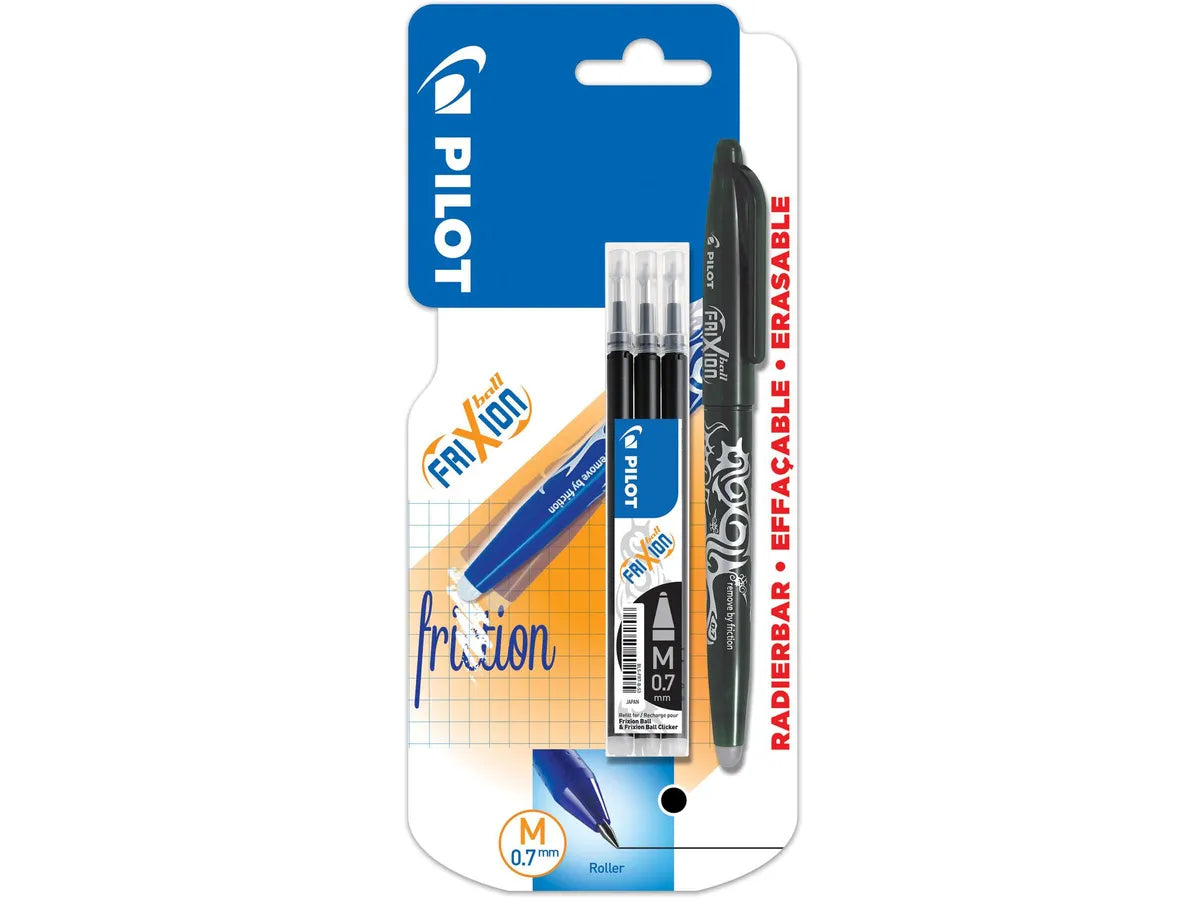 Pilot FriXion Ball – radierbarer Tintenroller-Set, mit Kappe, 0,7 mm, schwarz, für Linkshänder, 4er Etui