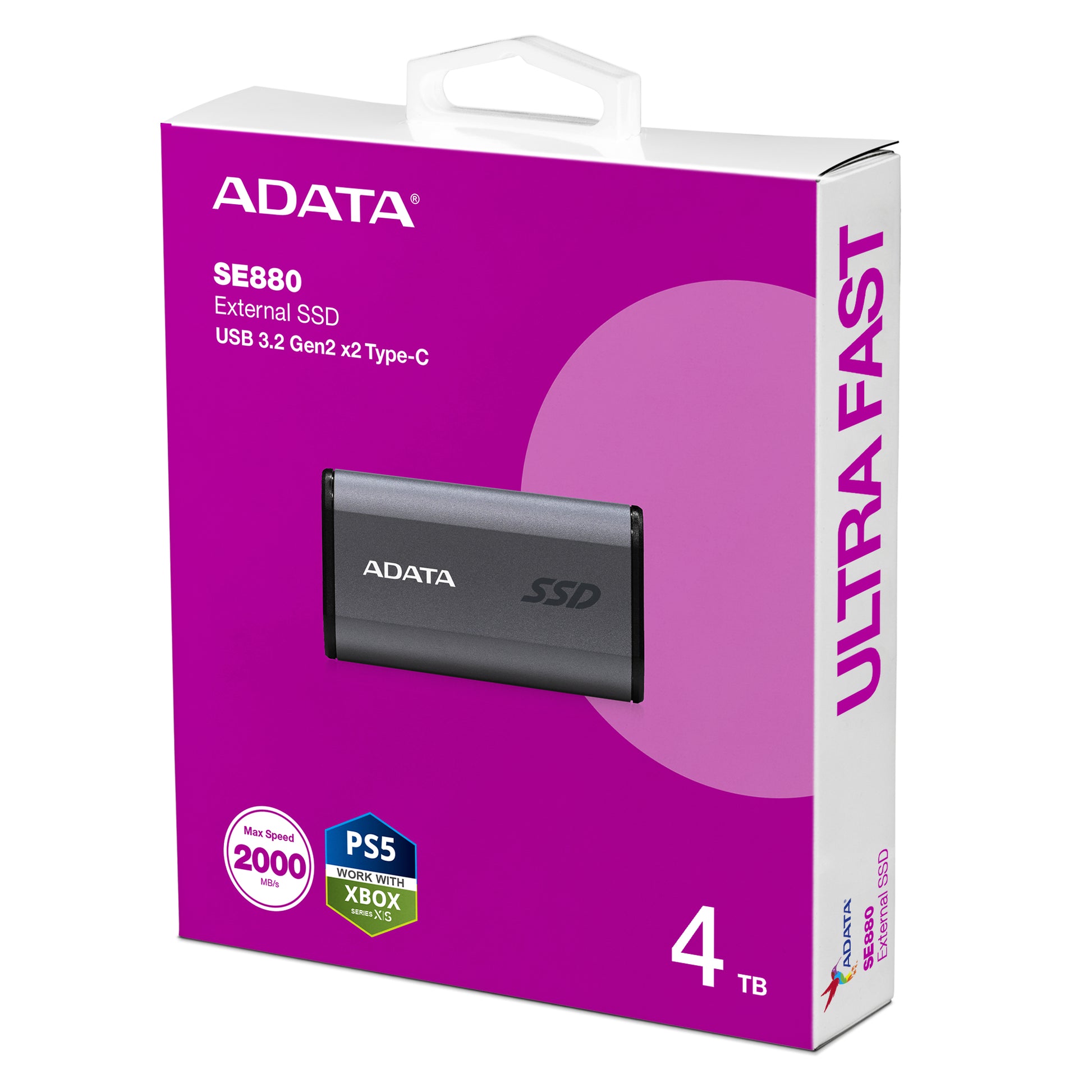 ADATA SE880 4 TB – Externes SSD, USB 3.2 Gen 2x2 (USB-C, 20 Gbit/s), 2000/2000 MB/s, Grau