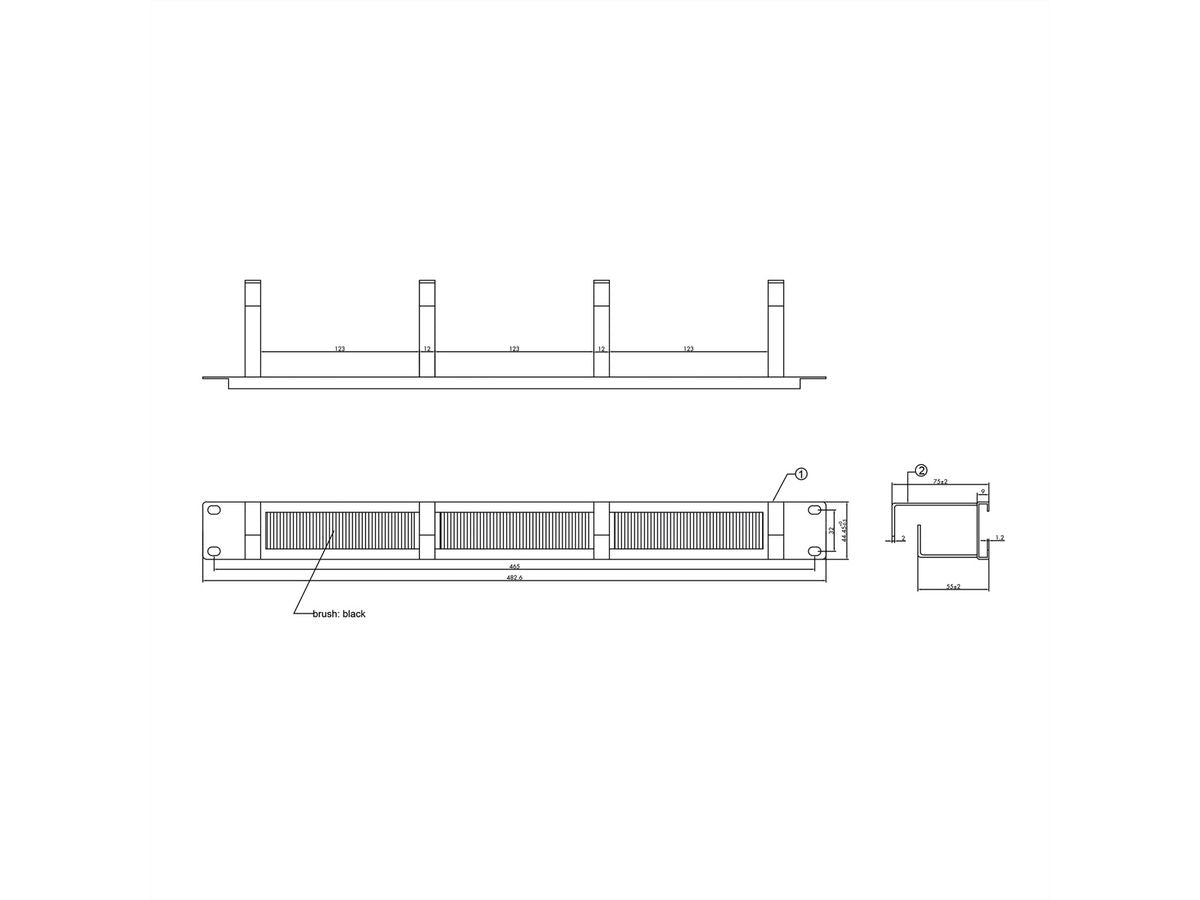 ROLINE 19" Rangierpanel 1U, 4× Kabelösen Typ G, Bürstendichtung, 483×72×44 mm – Grau