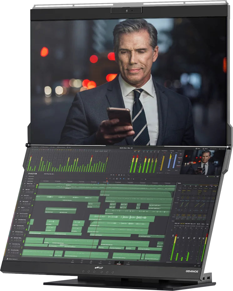 Mobile Pixels Geminos (FHD) 24 – Monitor, 24", 250 cd/m², Webcam, 2× USB-C, 2× HDMI, Lautsprecher, Schwarz