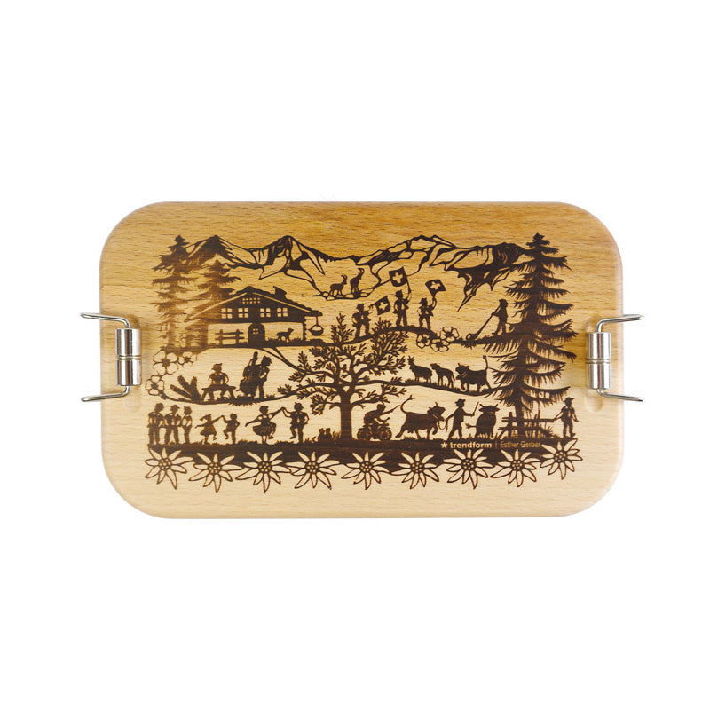Trendform Lunchbox Swiss Tradition – Holz (Buche) & Blech – Silber, Schweiz-Motiv – 11,5 × 6,5 × 19 cm