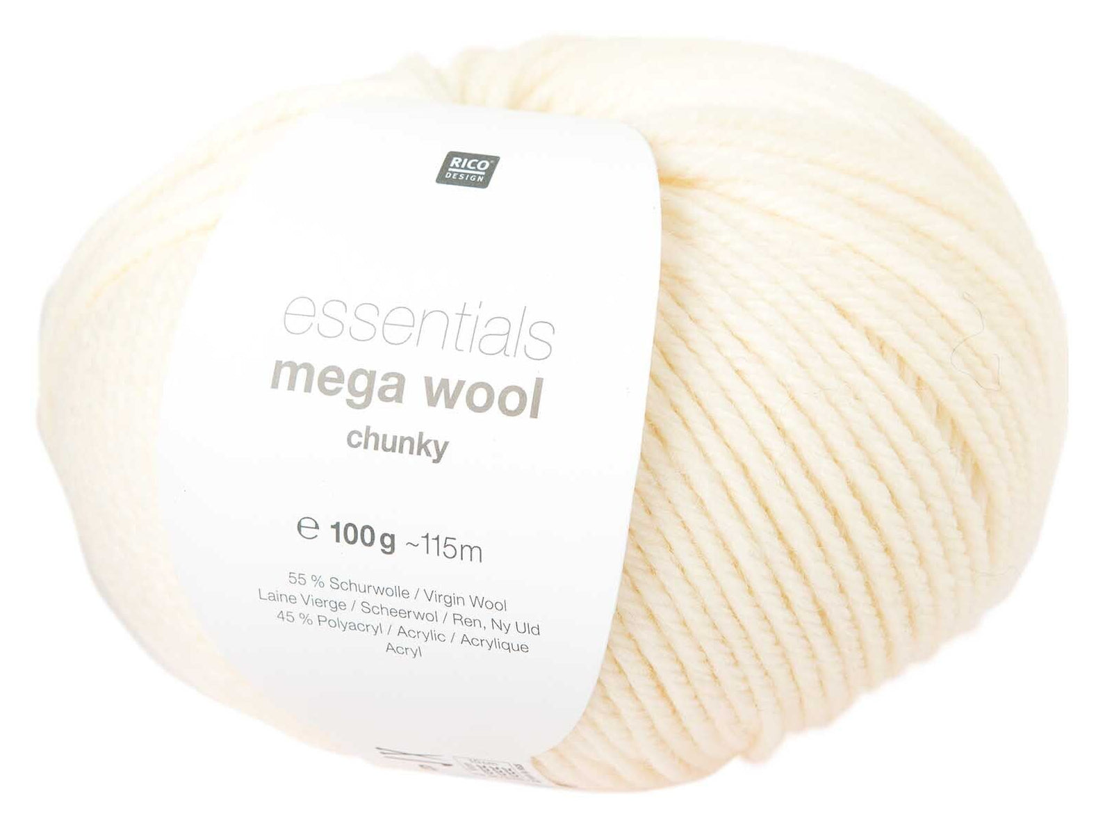 Rico Design Essentials Mega Wool Chunky Wolle Creme – 100 g, 115 m, Nadel 6 mm, 55% Schurwolle/45% Polyacryl