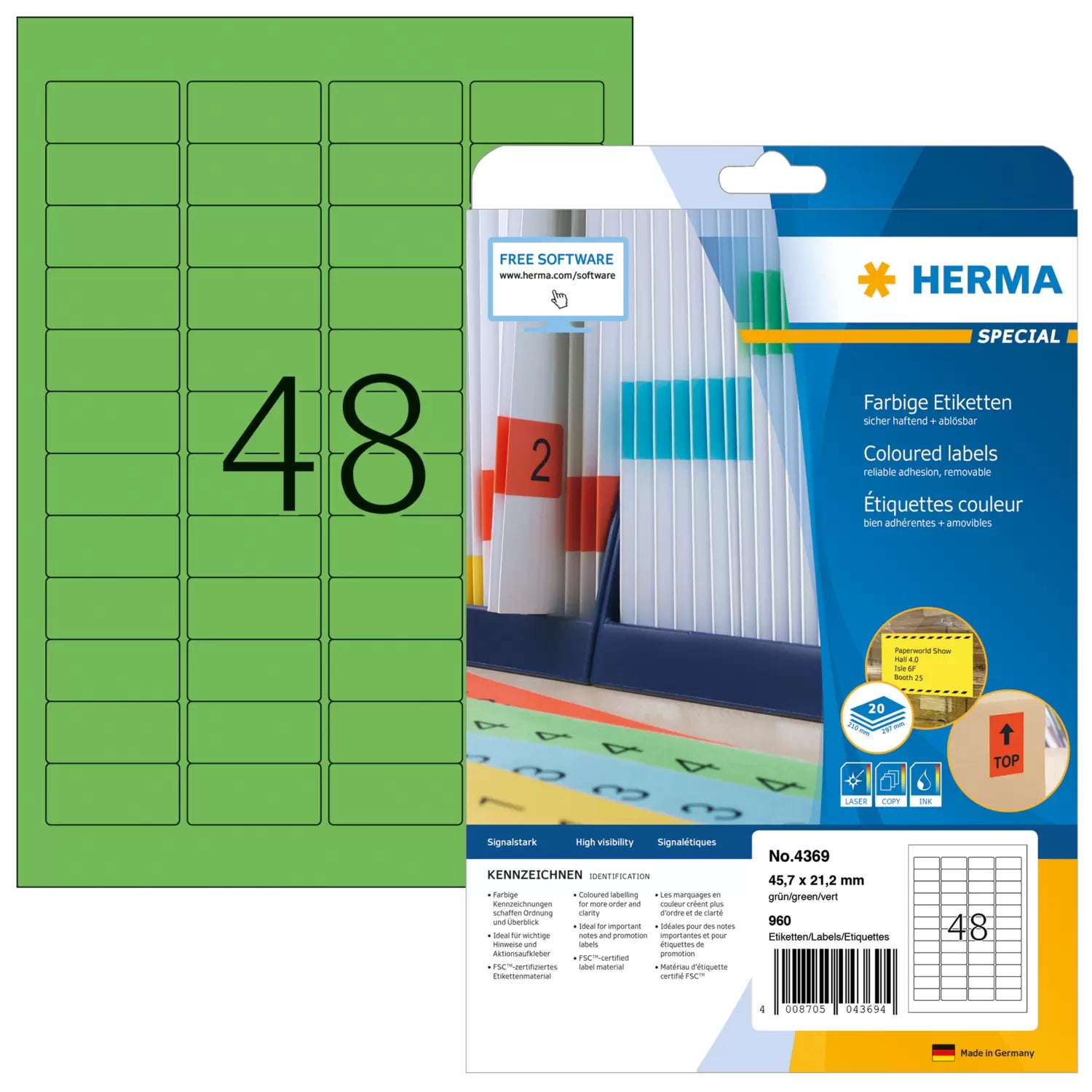 HERMA Druckeretiketten, 46 mm × 21 mm, grün, Papier, wiederablösbar, 960 Etiketten (20 Blatt)