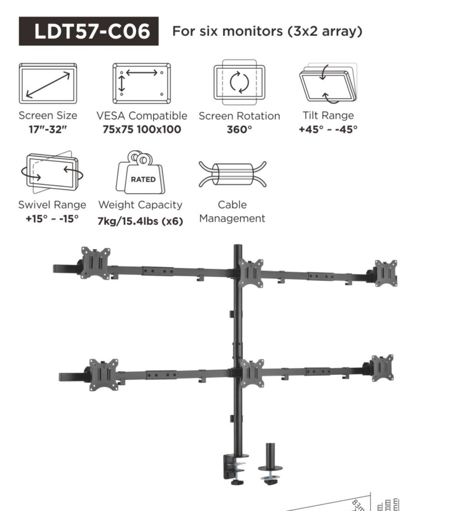 Equip 650160 – Monitorarm, 6 Monitore, bis 32", VESA 75 × 75/100 × 100 mm, schwenkbar