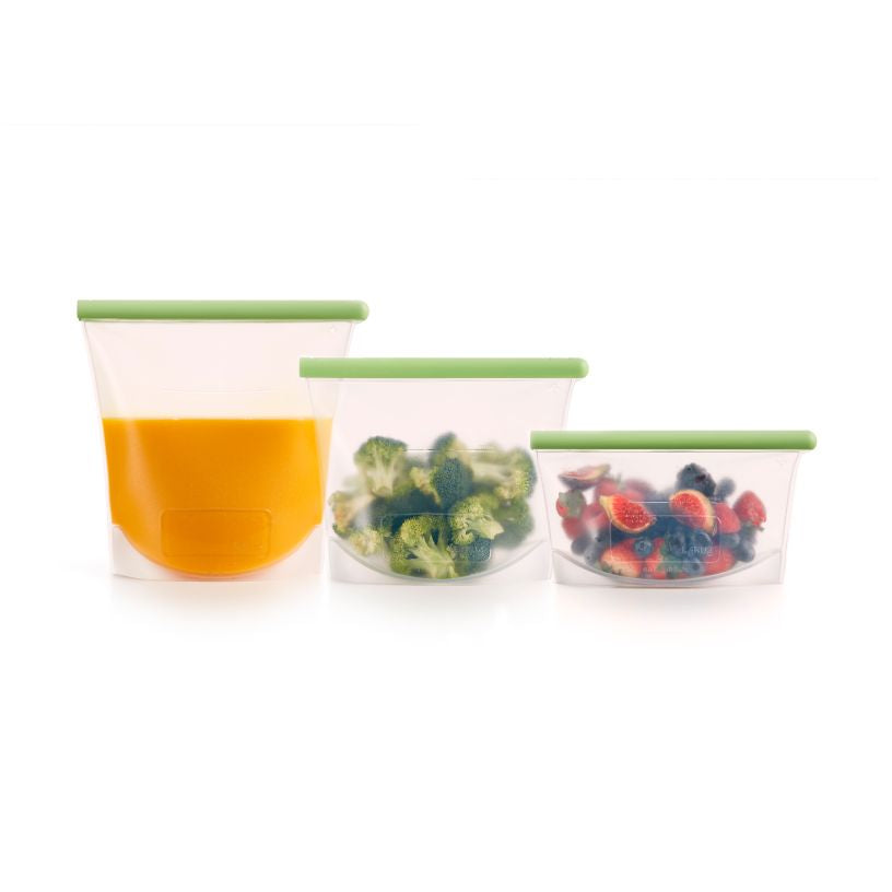 Lékué Vorratsdose 1,5 l, 20 × 21 cm, Silikon, grün/transparent, 3er-Set