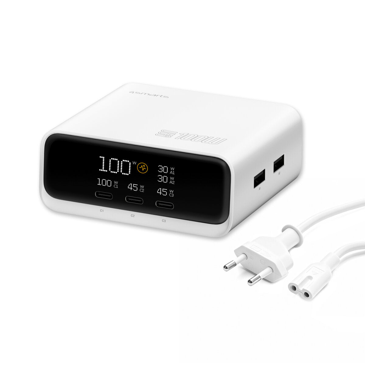 4smarts Desk Charger GaN Screen – 100 W, 3× USB-C + 2× USB-A – für Nintendo Switch, Laptop, Smartphone