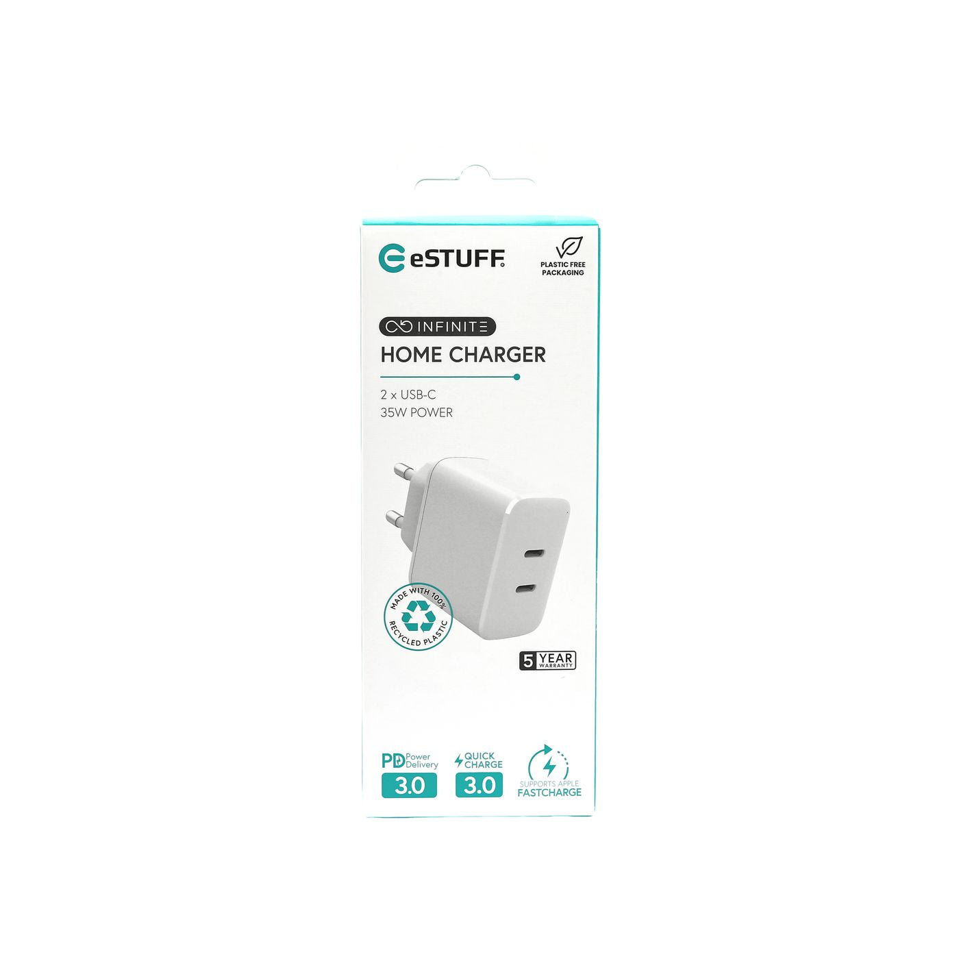 eSTUFF INFINITE USB-Ladegerät 35 W – USB-C×2 – PD 3.0, PPS, QC 3.0 – EU-Stecker (Typ C), weiss