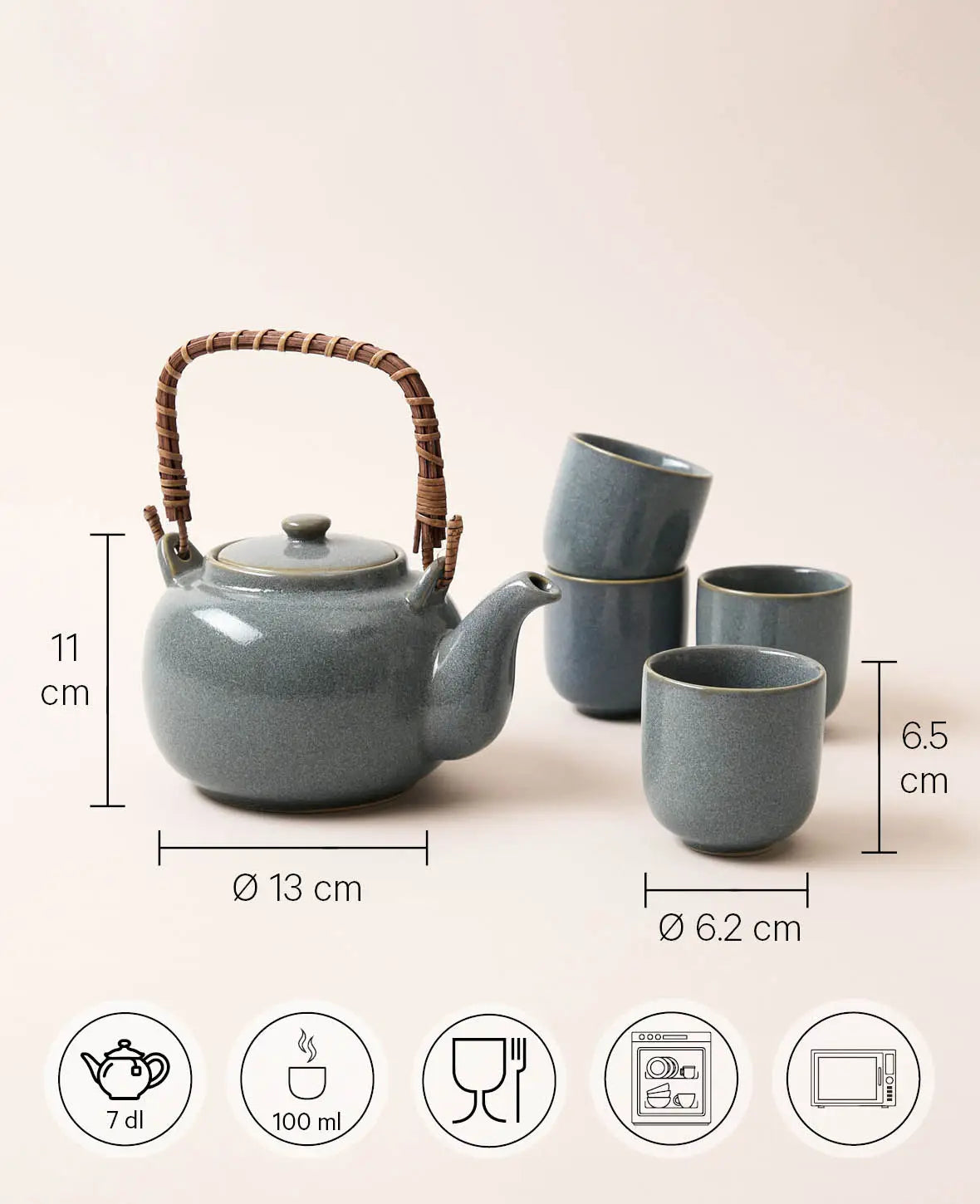 Esmée Teekannenset – 5-teiliges Set, 700 ml, Ø 13,0 cm, H 11,0 cm, Steingut, Blaugrau