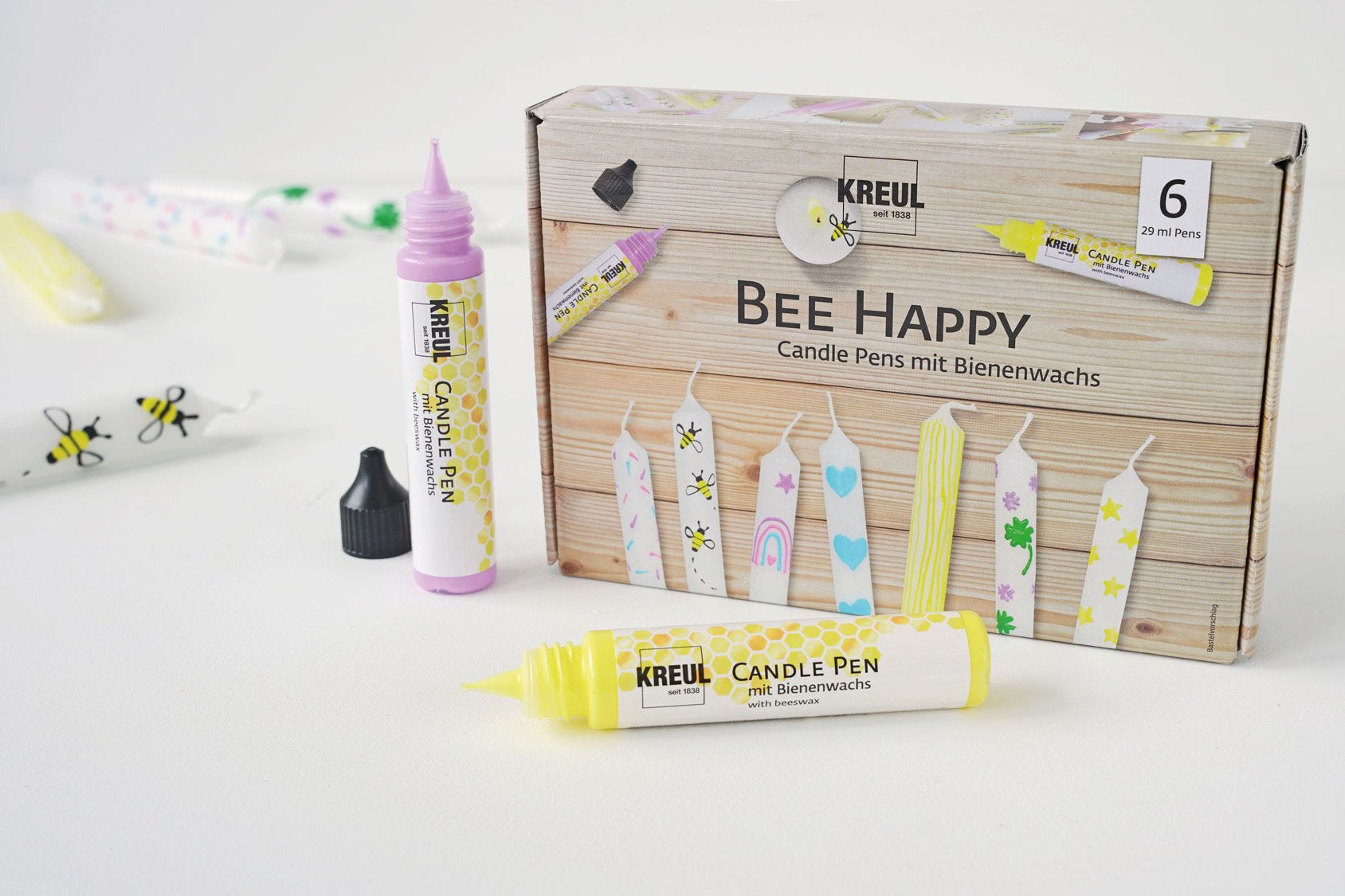 Kreul Candle Pen Bee Happy Kerzenmalfarbe – Mehrfarbig – 6 Farben, 6×29 ml (174 ml) – für Wachs