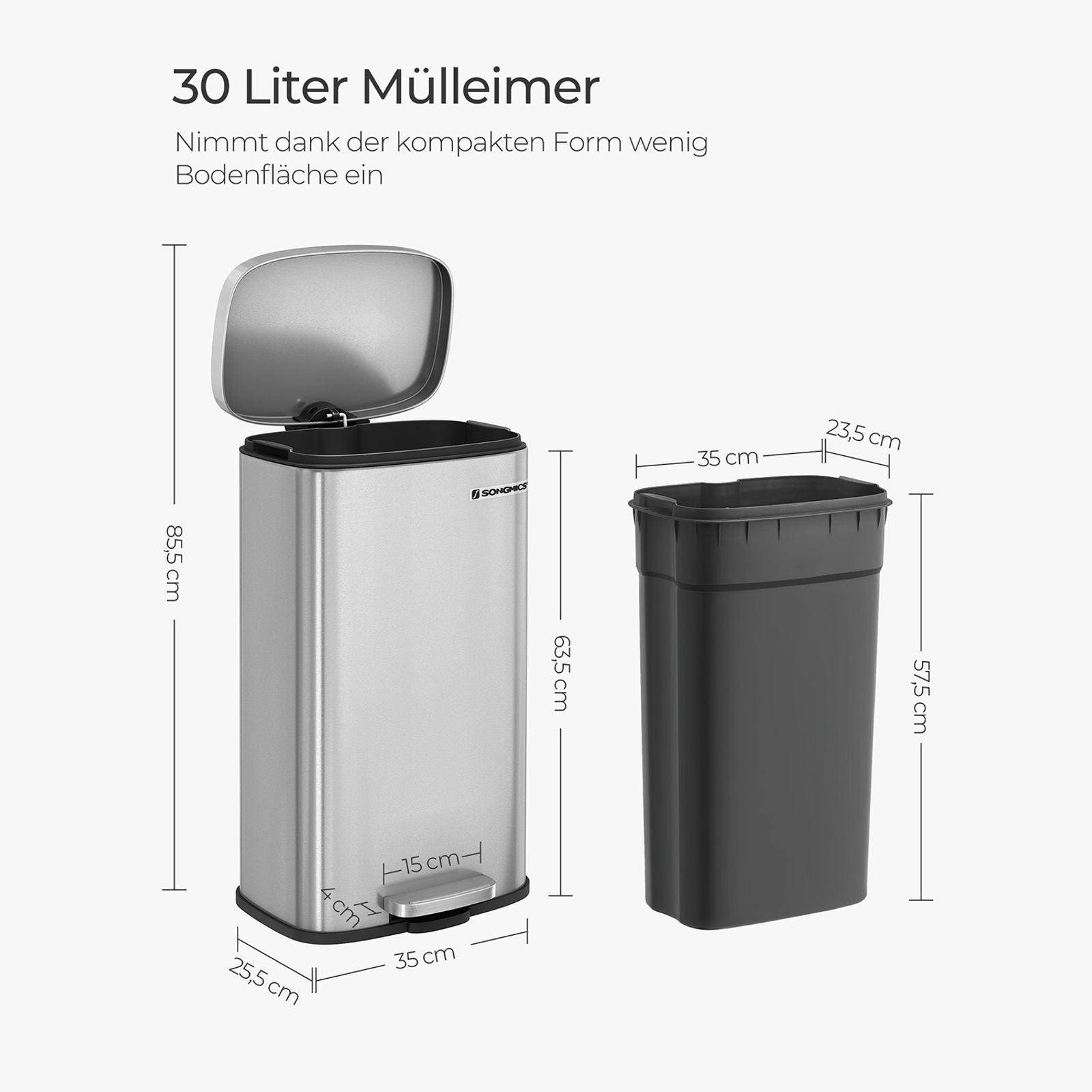 Songmics Papierkorb – 30 l – Stahl, Silber – Ø 350 × H 635 mm